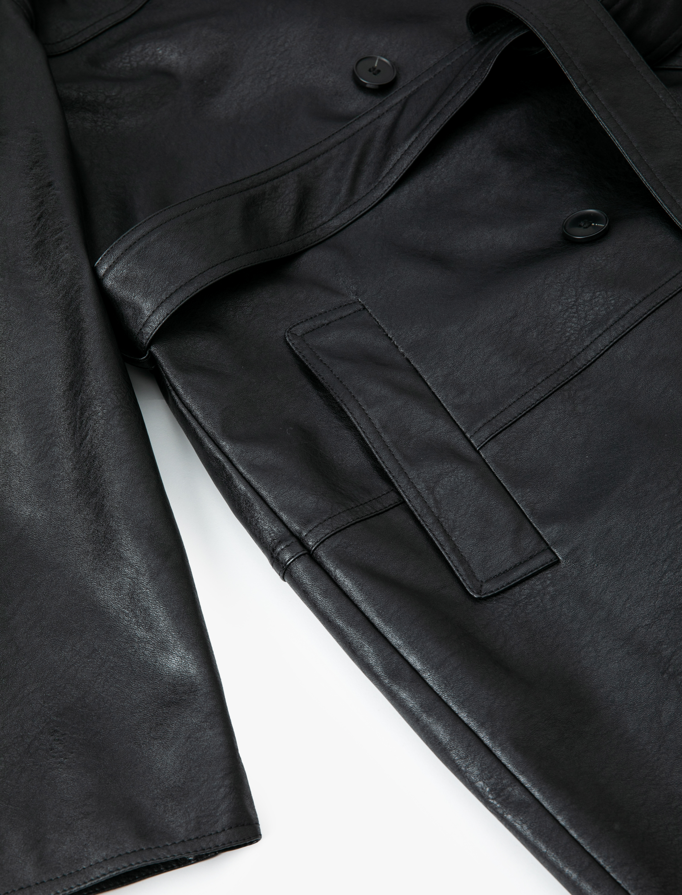   Uzun Suni Deri Trençkot Kruvaze Cepli Düğmeli