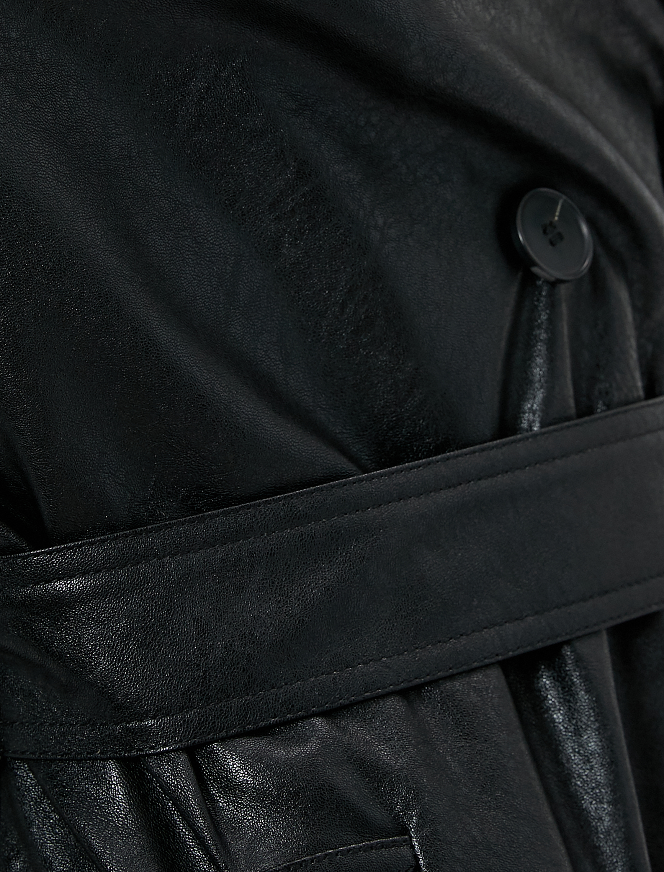   Uzun Suni Deri Trençkot Kruvaze Cepli Düğmeli