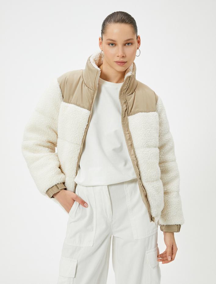  Peluş Şişme Mont Dik Yaka Fermuarlı Cepli