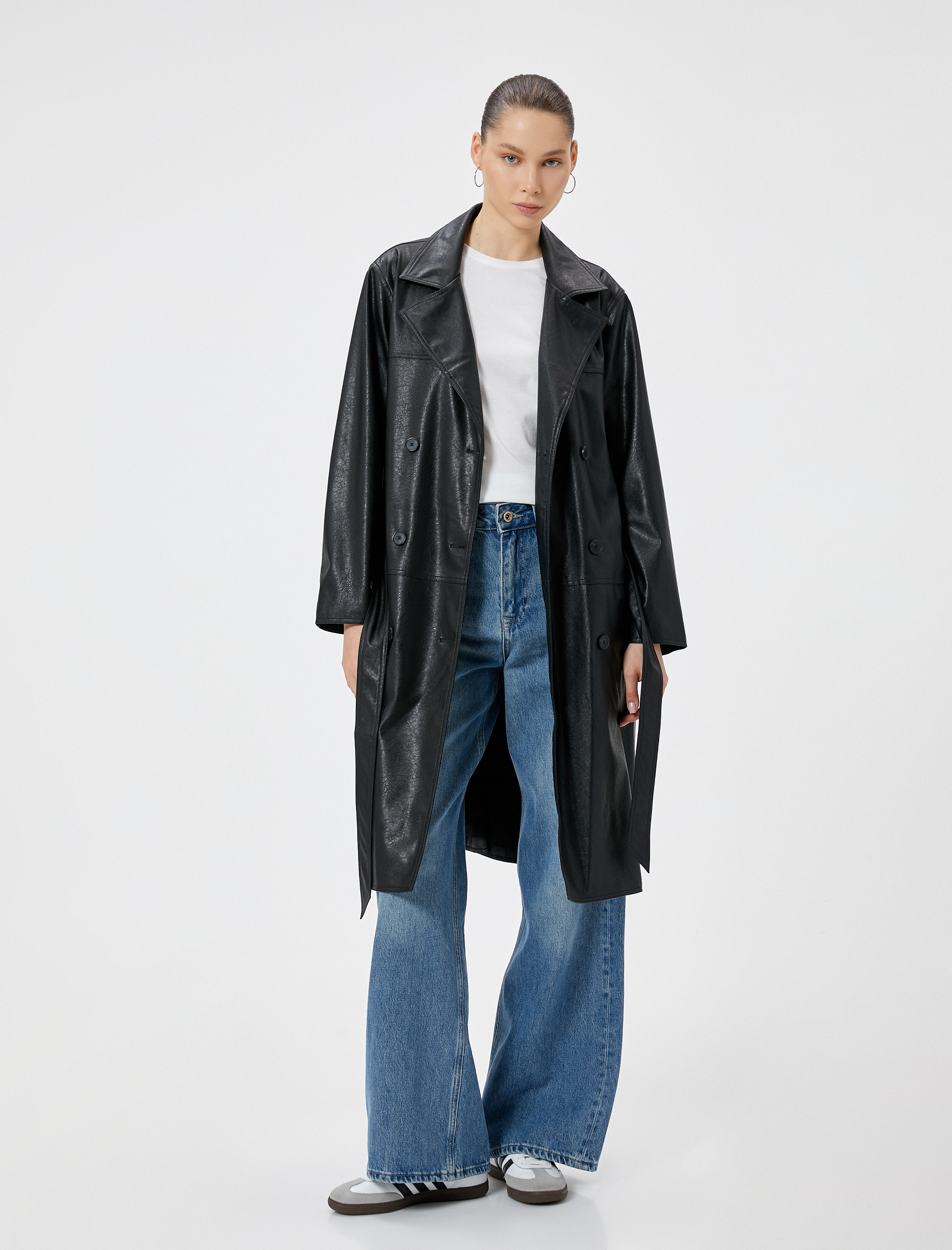   Uzun Suni Deri Trençkot Kruvaze Cepli Düğmeli