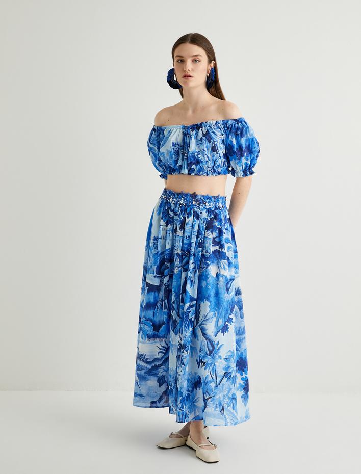  Omzu Açık Üst Crop Balon Kollu Çiçekli Püsküllü Pamuklu