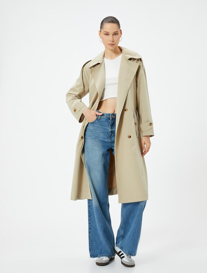  Trençkot Uzun Kruvaze Düğmeli Apolet Detaylı
