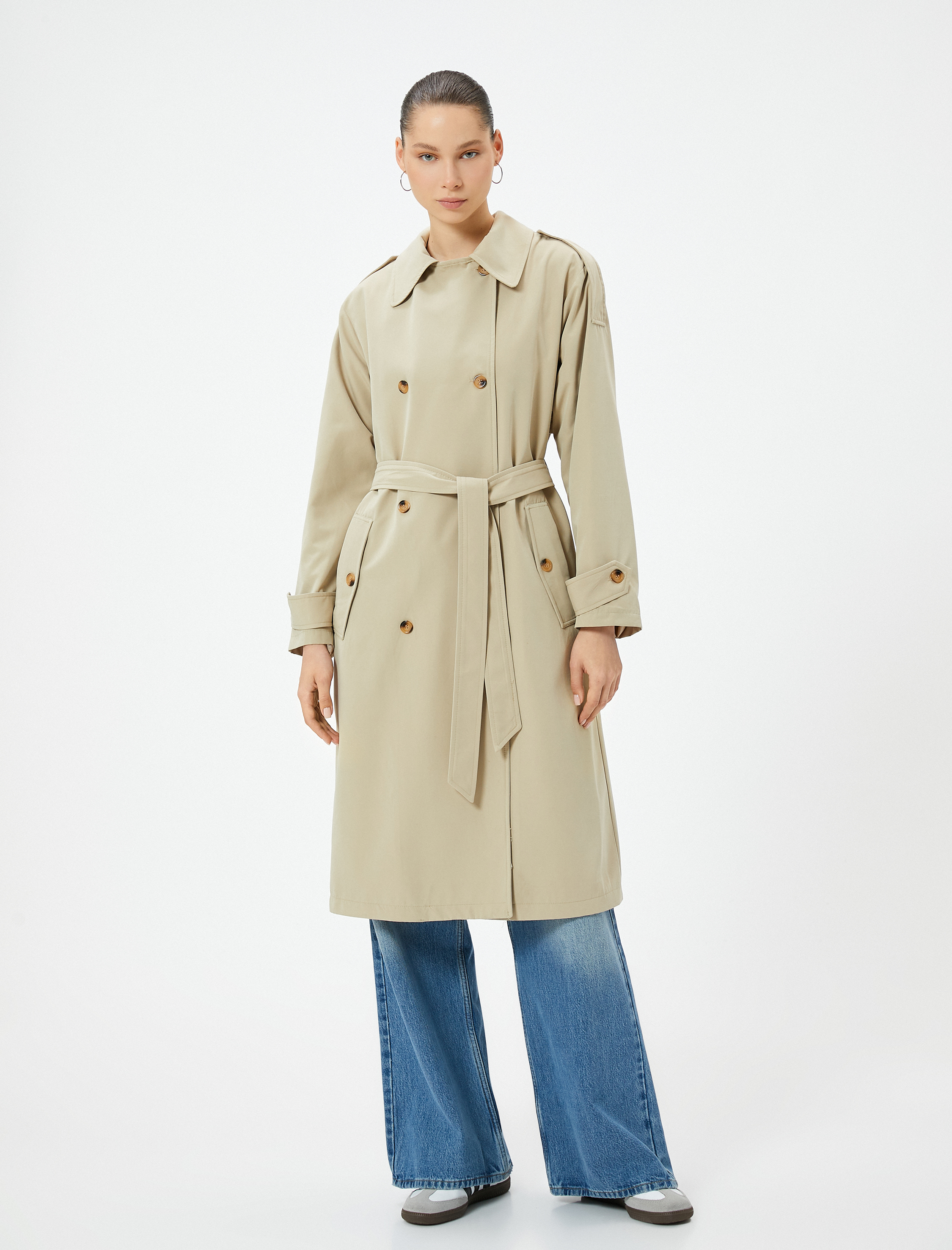   Trençkot Uzun Kruvaze Düğmeli Apolet Detaylı