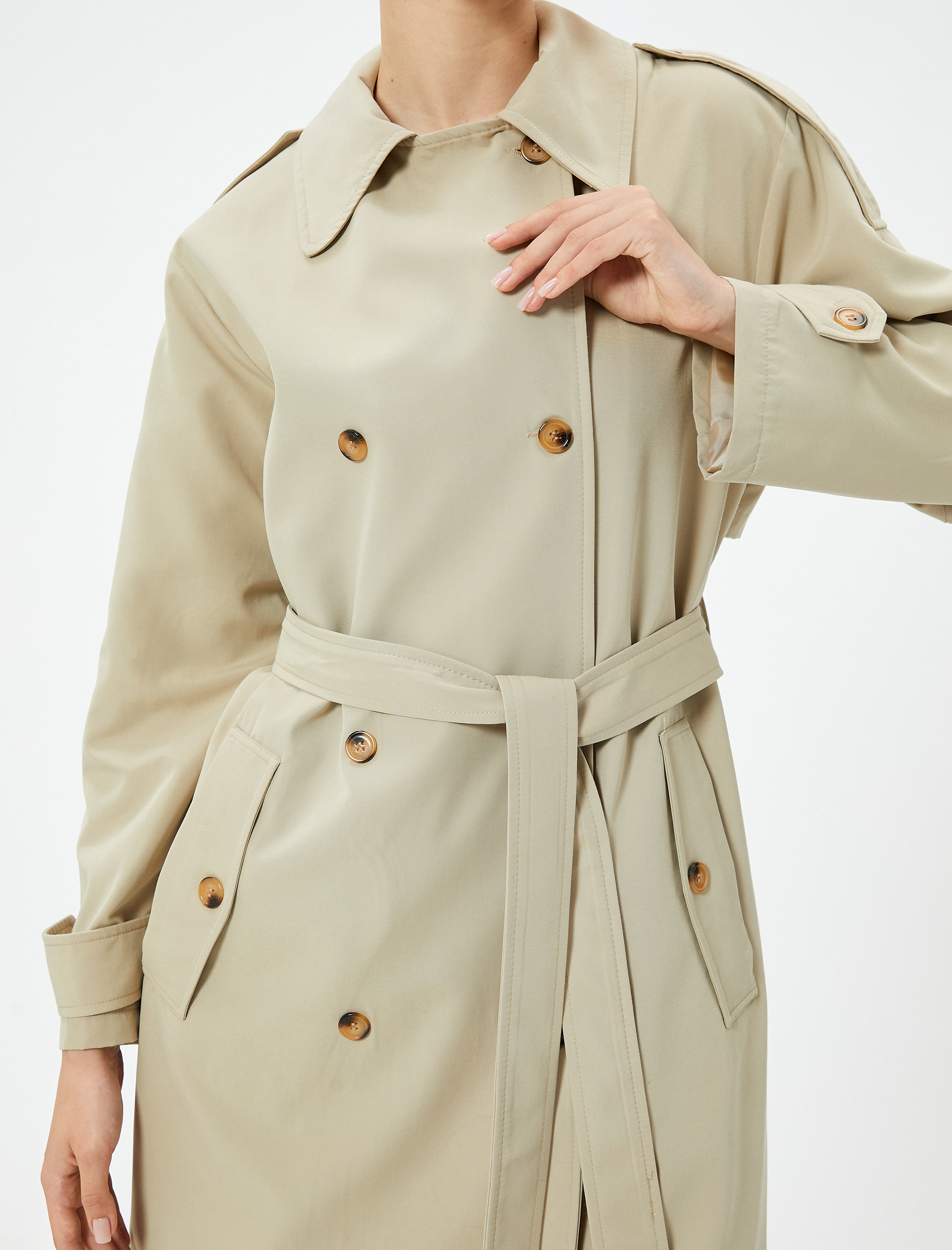   Trençkot Uzun Kruvaze Düğmeli Apolet Detaylı