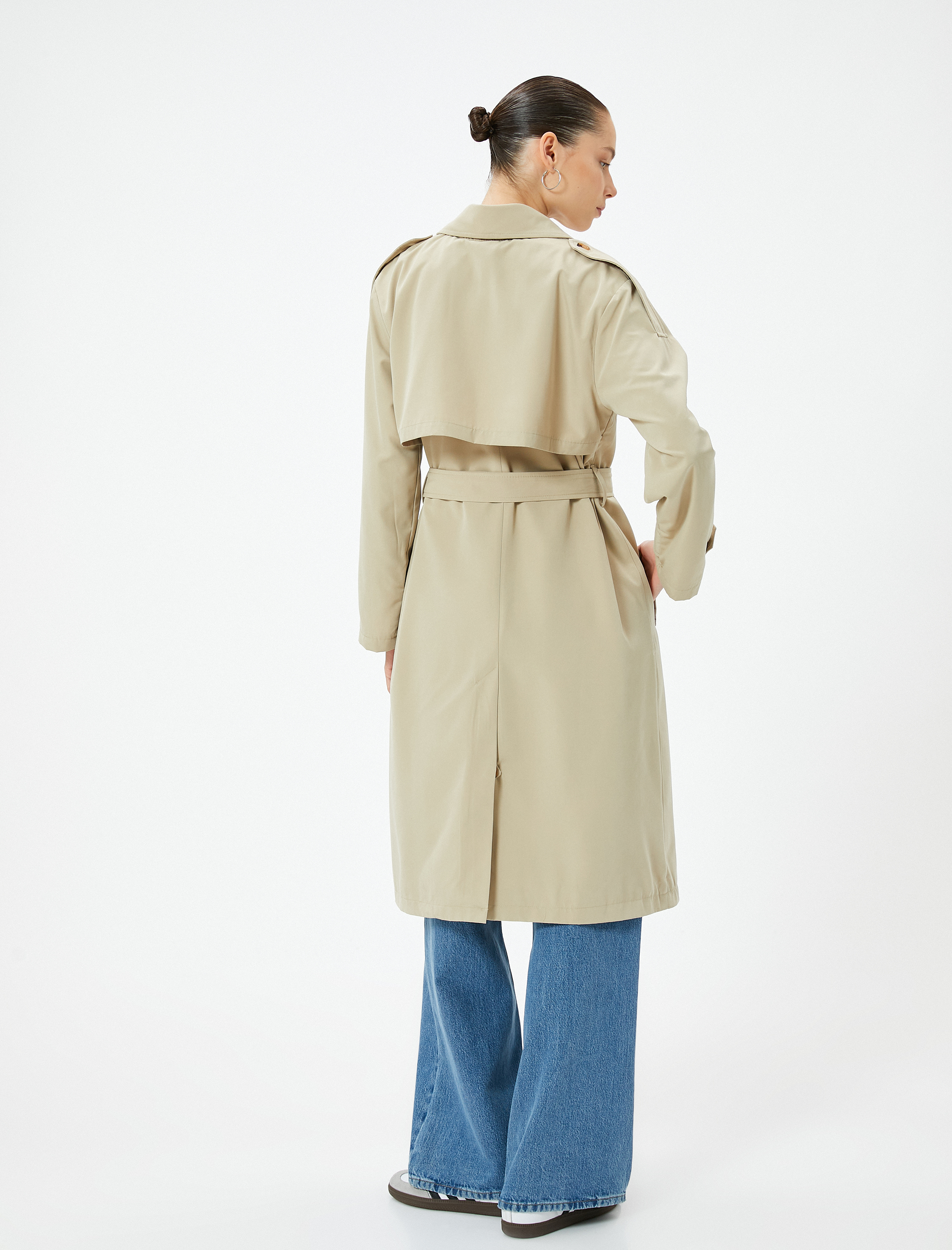   Trençkot Uzun Kruvaze Düğmeli Apolet Detaylı