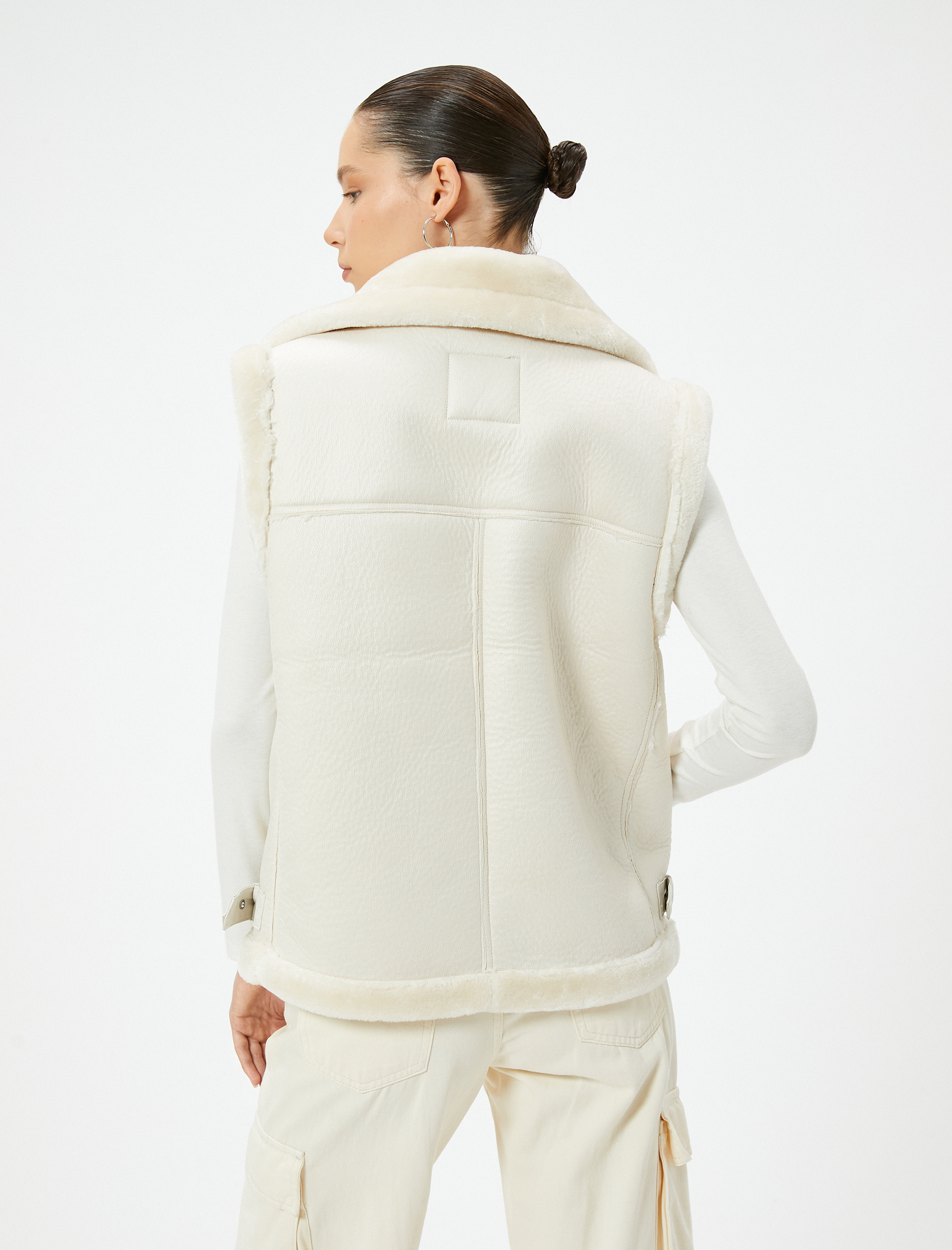   Suni Deri Uzun Biker Yelek Yakası Kürklü Fermuarlı Cepli