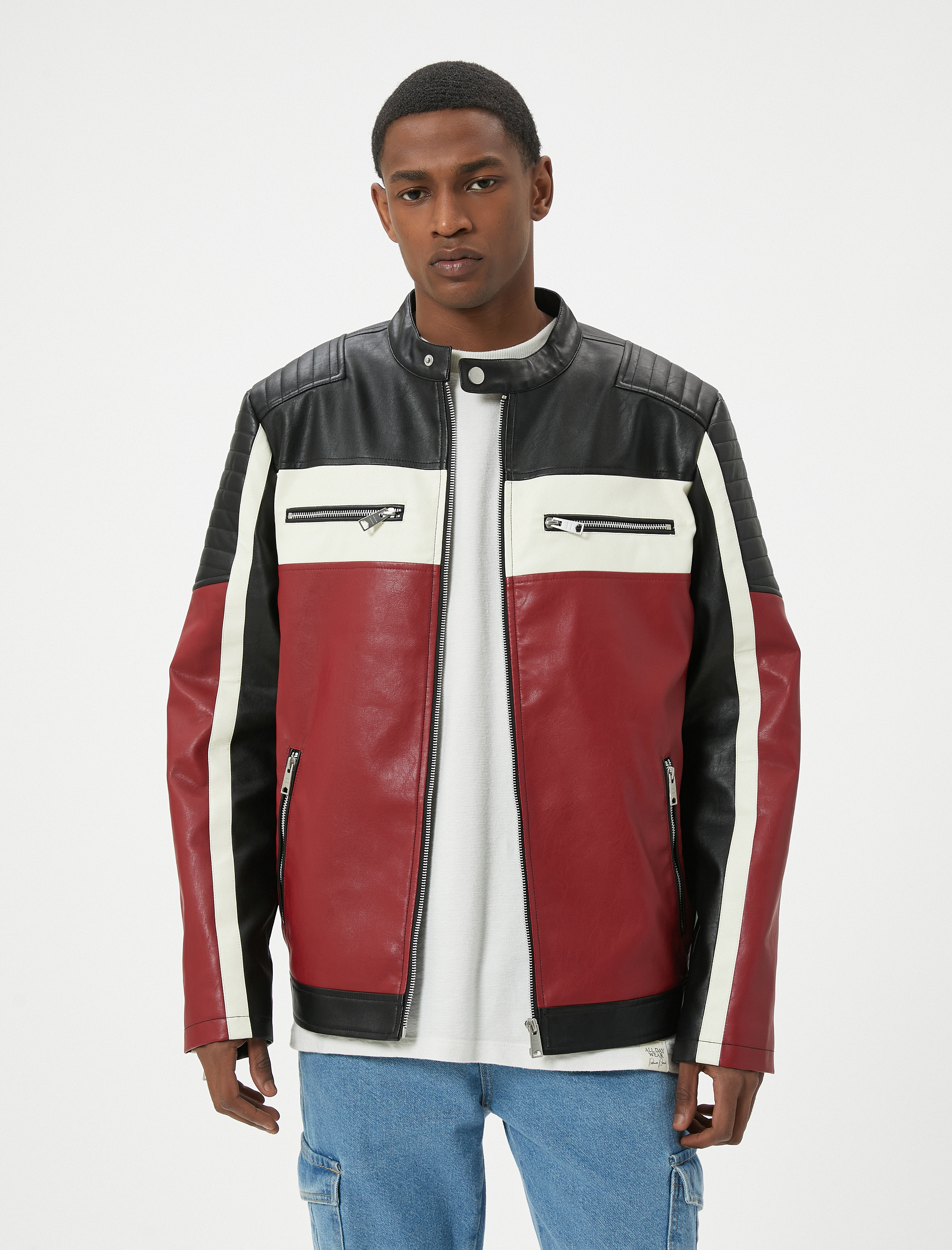   Slim Fit Renk Bloklu İçi Suni Kürklü Dik Yaka Suni Deri Yarışçı Ceketi