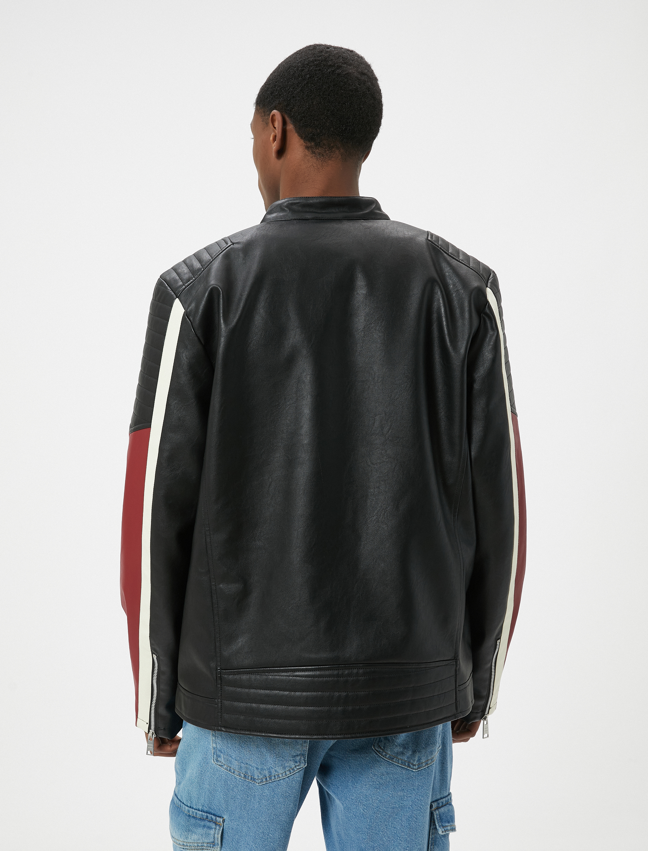   Slim Fit Renk Bloklu İçi Suni Kürklü Dik Yaka Suni Deri Yarışçı Ceketi