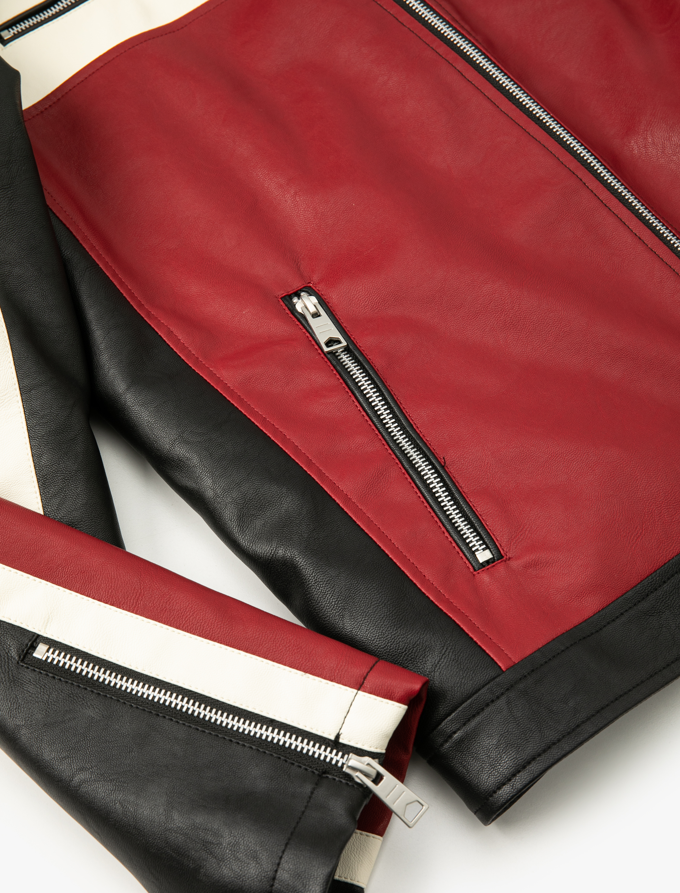   Slim Fit Renk Bloklu İçi Suni Kürklü Dik Yaka Suni Deri Yarışçı Ceketi