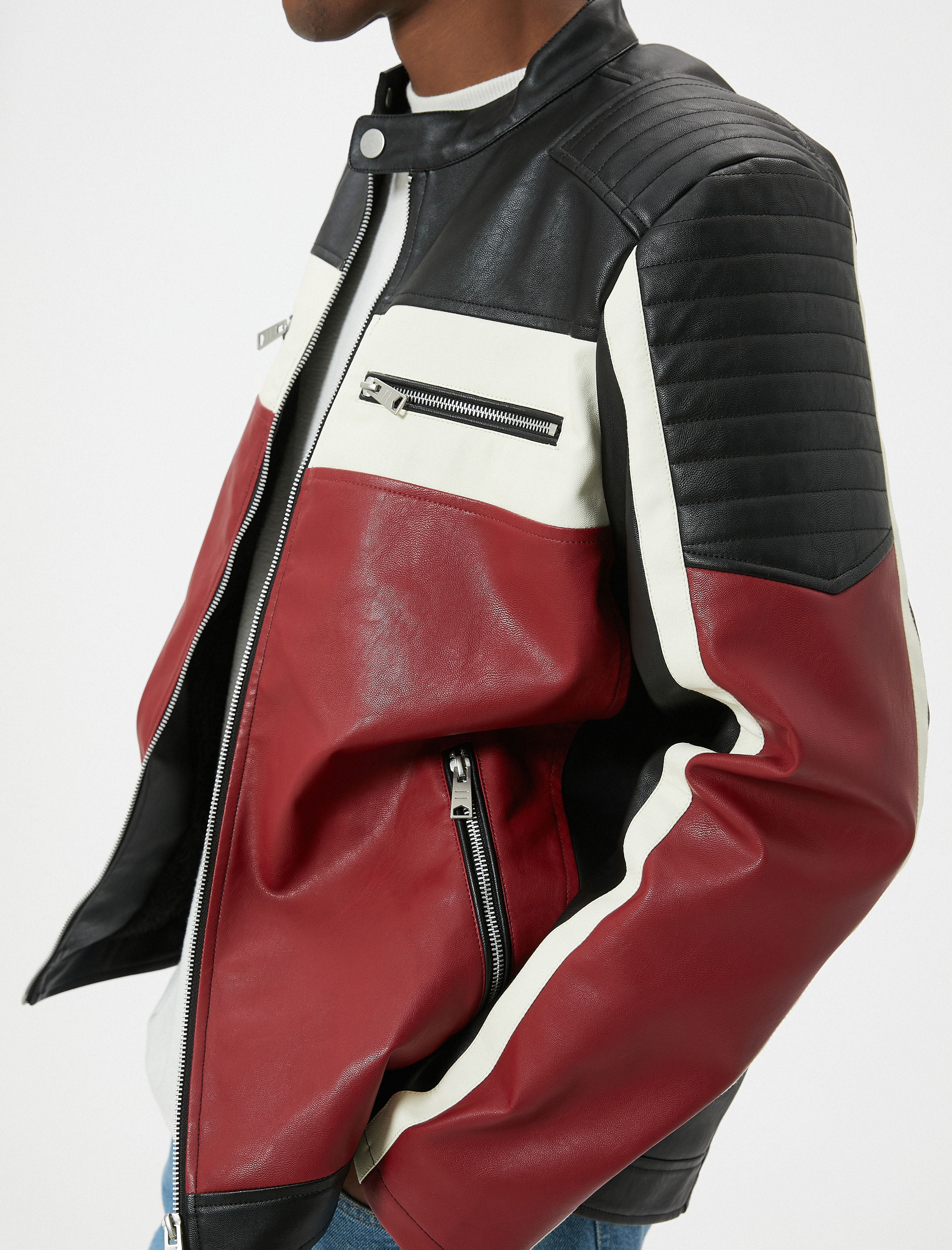   Slim Fit Renk Bloklu İçi Suni Kürklü Dik Yaka Suni Deri Yarışçı Ceketi