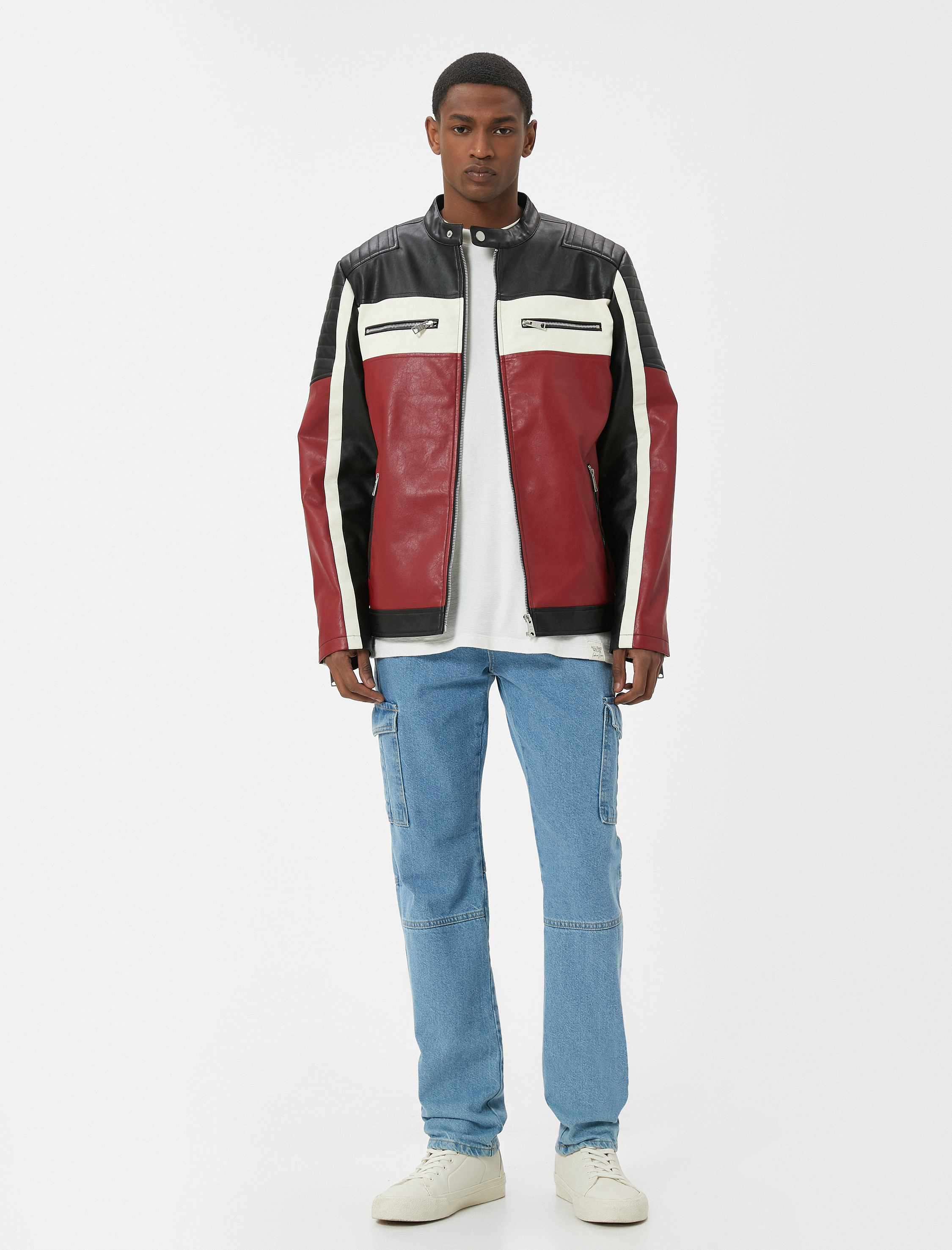   Slim Fit Renk Bloklu İçi Suni Kürklü Dik Yaka Suni Deri Yarışçı Ceketi