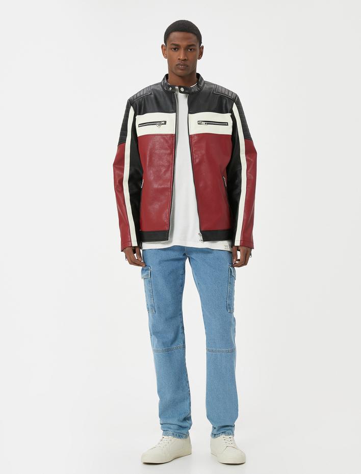  Slim Fit Renk Bloklu İçi Suni Kürklü Dik Yaka Suni Deri Yarışçı Ceketi
