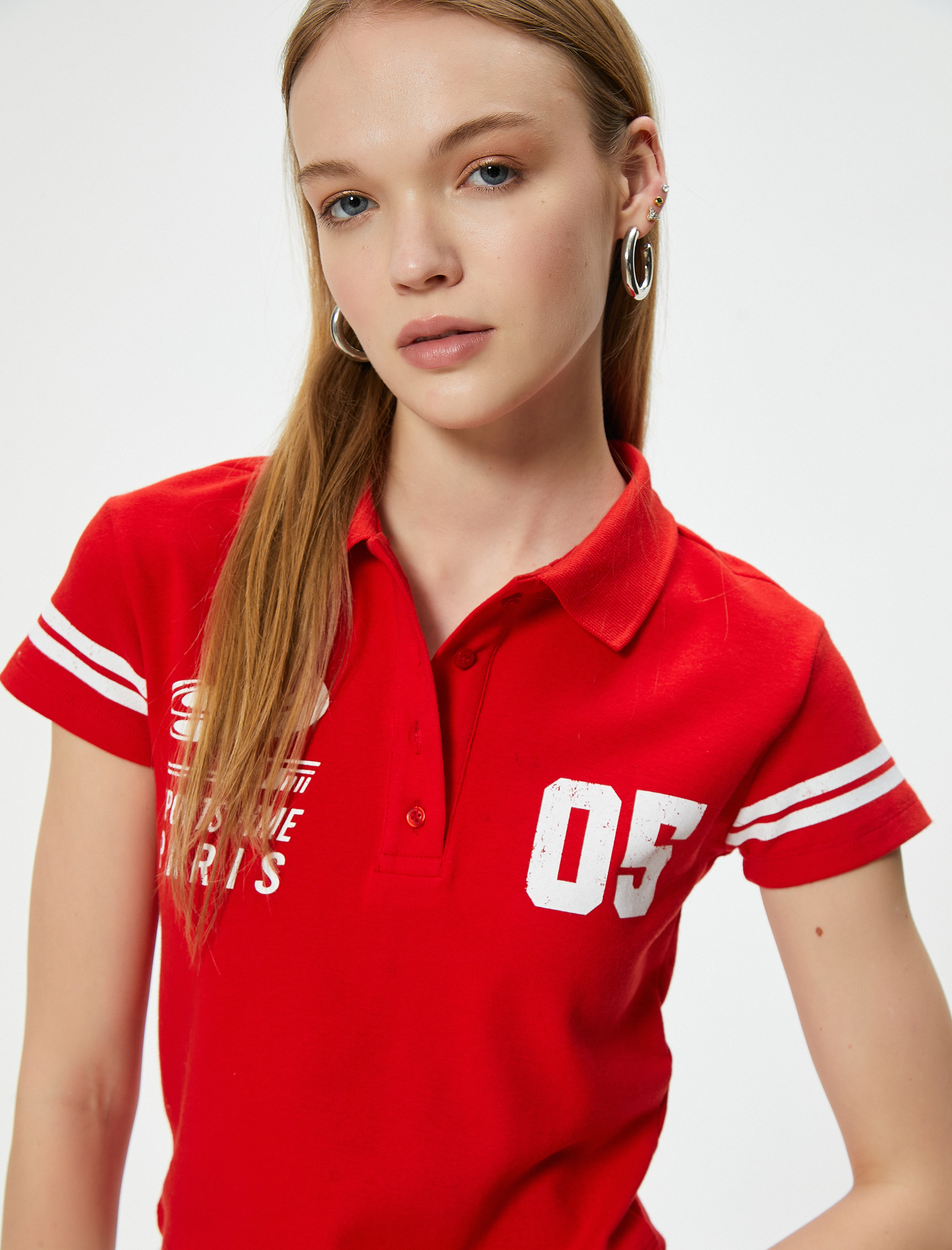   Polo Yaka Crop Tişört Baskılı Kısa Kollu Düğmeli