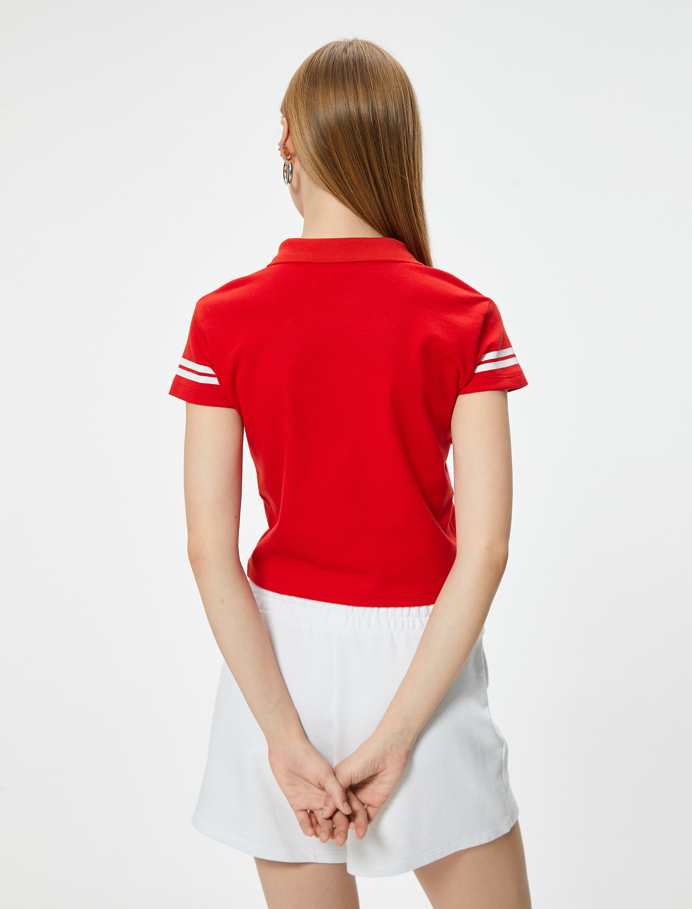   Polo Yaka Crop Tişört Baskılı Kısa Kollu Düğmeli