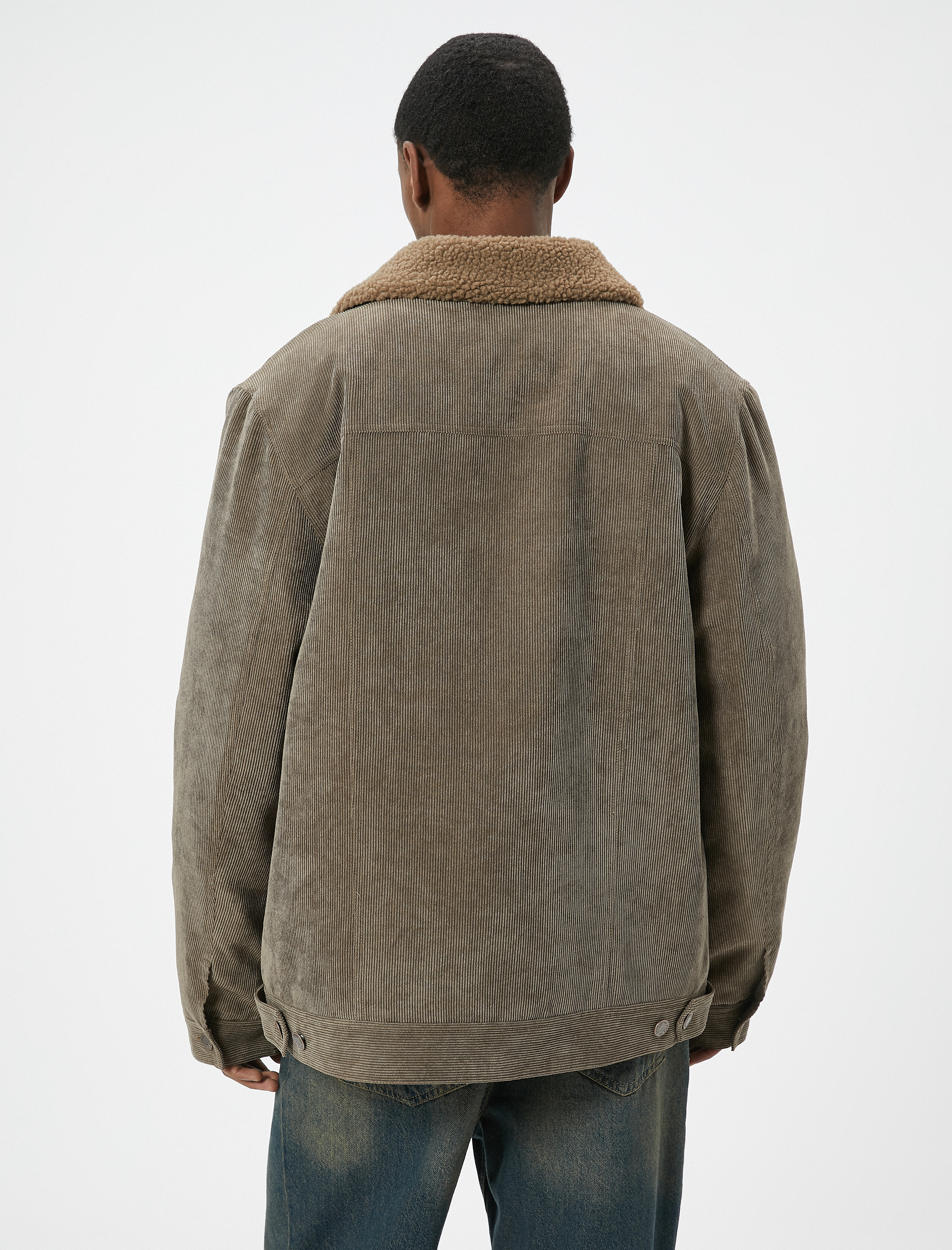   Fitilli Kadife Ceket Peluş Yaka Detaylı Cepli Slim Fit Düğmeli