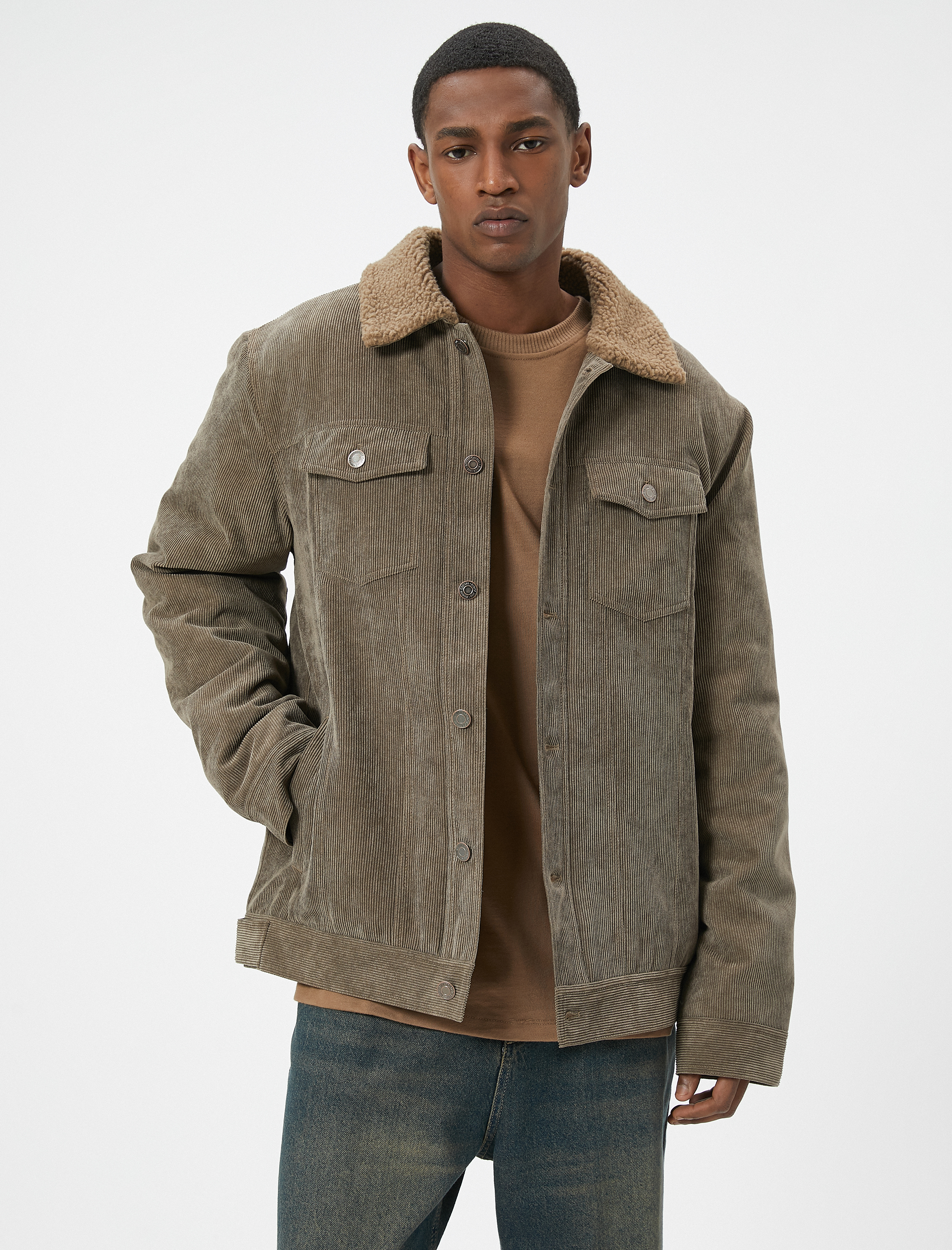   Fitilli Kadife Ceket Peluş Yaka Detaylı Cepli Slim Fit Düğmeli