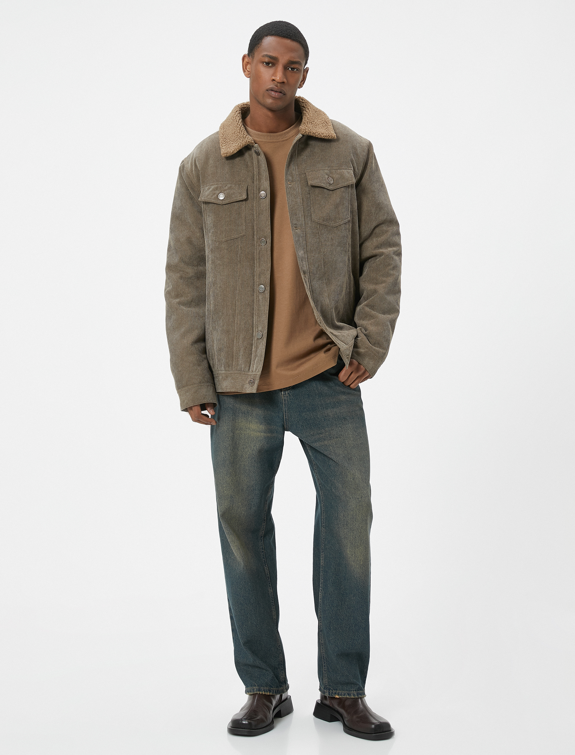   Fitilli Kadife Ceket Peluş Yaka Detaylı Cepli Slim Fit Düğmeli