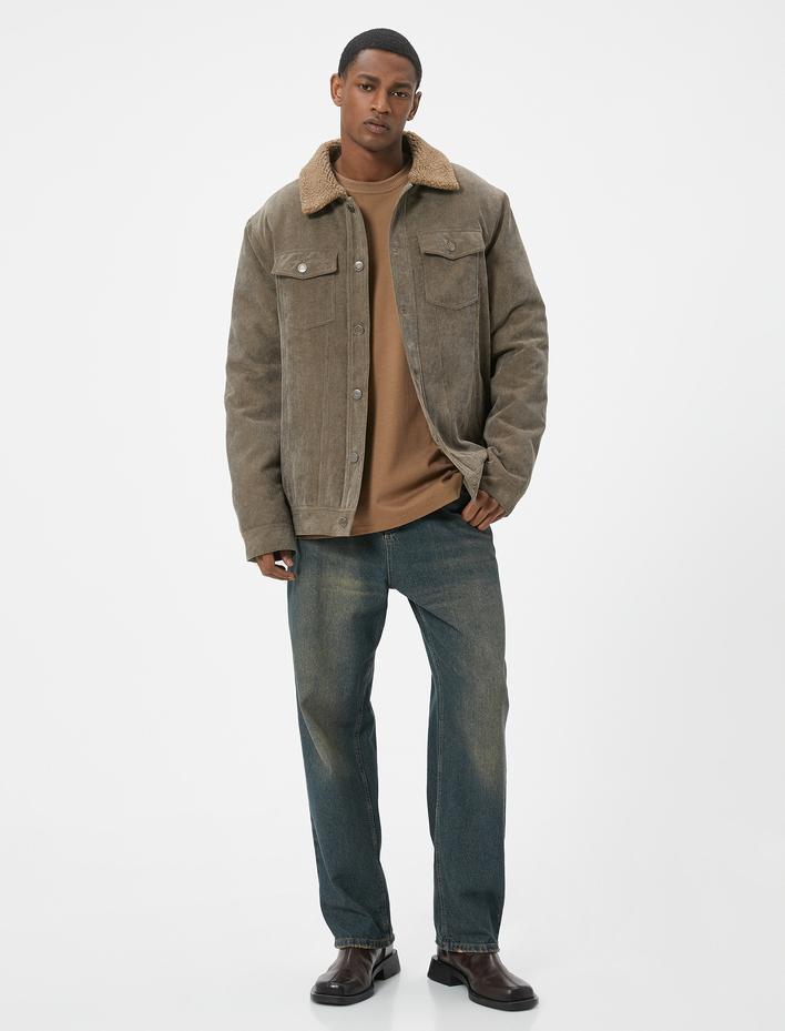  Fitilli Kadife Ceket Peluş Yaka Detaylı Cepli Slim Fit Düğmeli