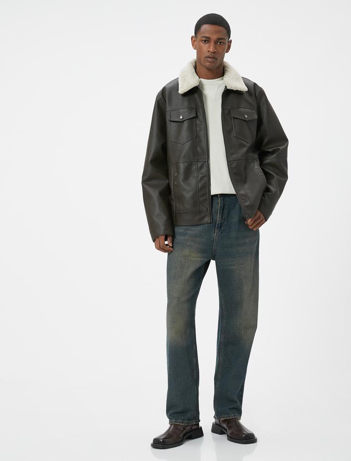  Suni Deri Ceket Yakası Kürklü Cepli Fermuarlı Astarlı Slim Fit