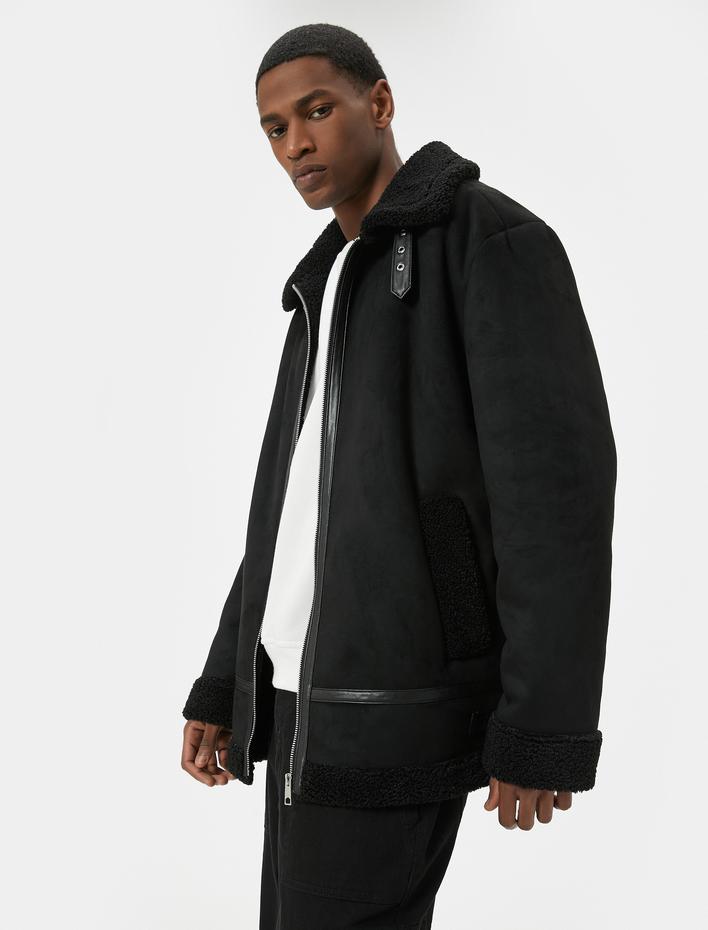  Slim Fit Cepli Fermuarlı Peluş Yaka Suni Süet Mont