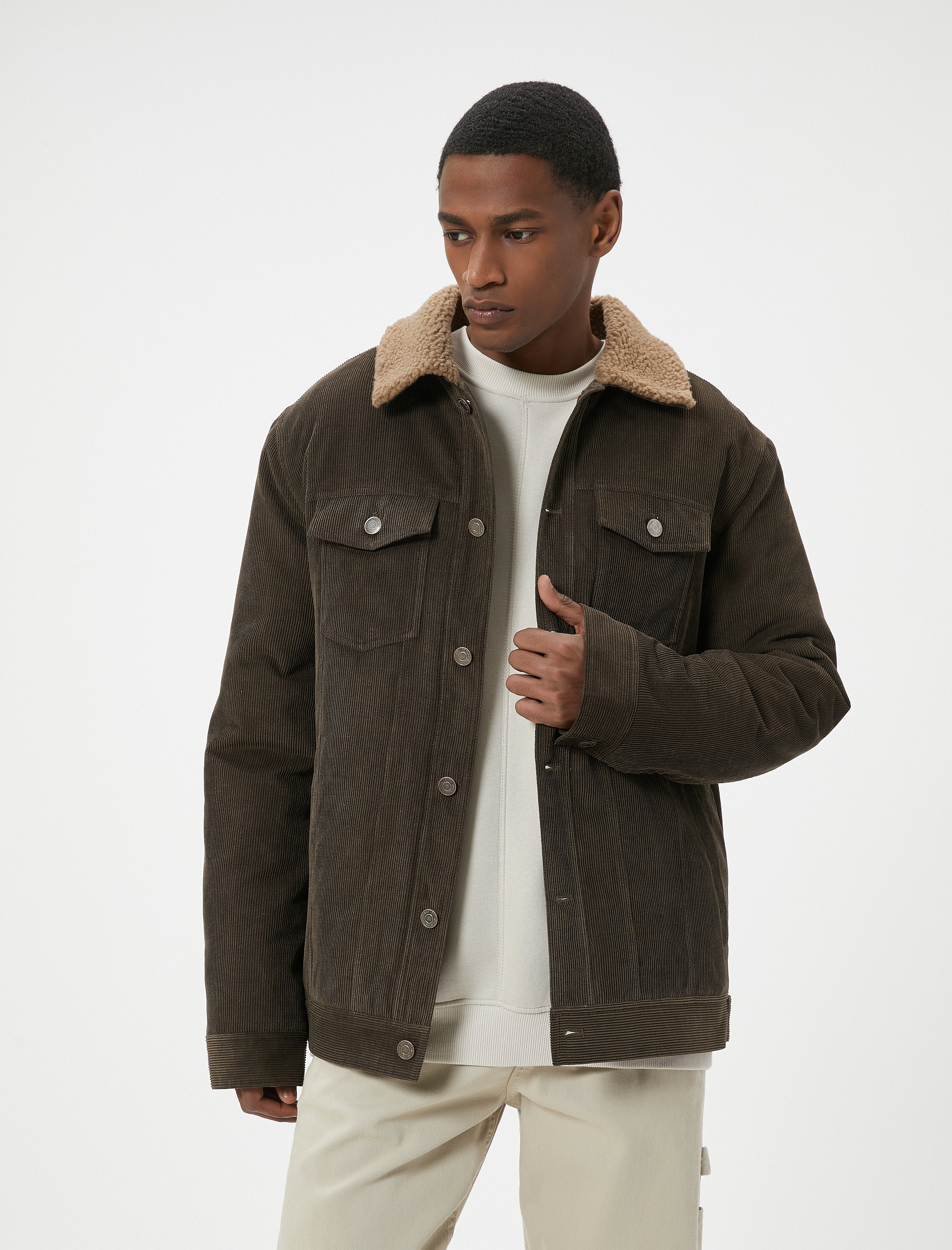   Fitilli Kadife Ceket Peluş Yaka Detaylı Cepli Slim Fit Düğmeli