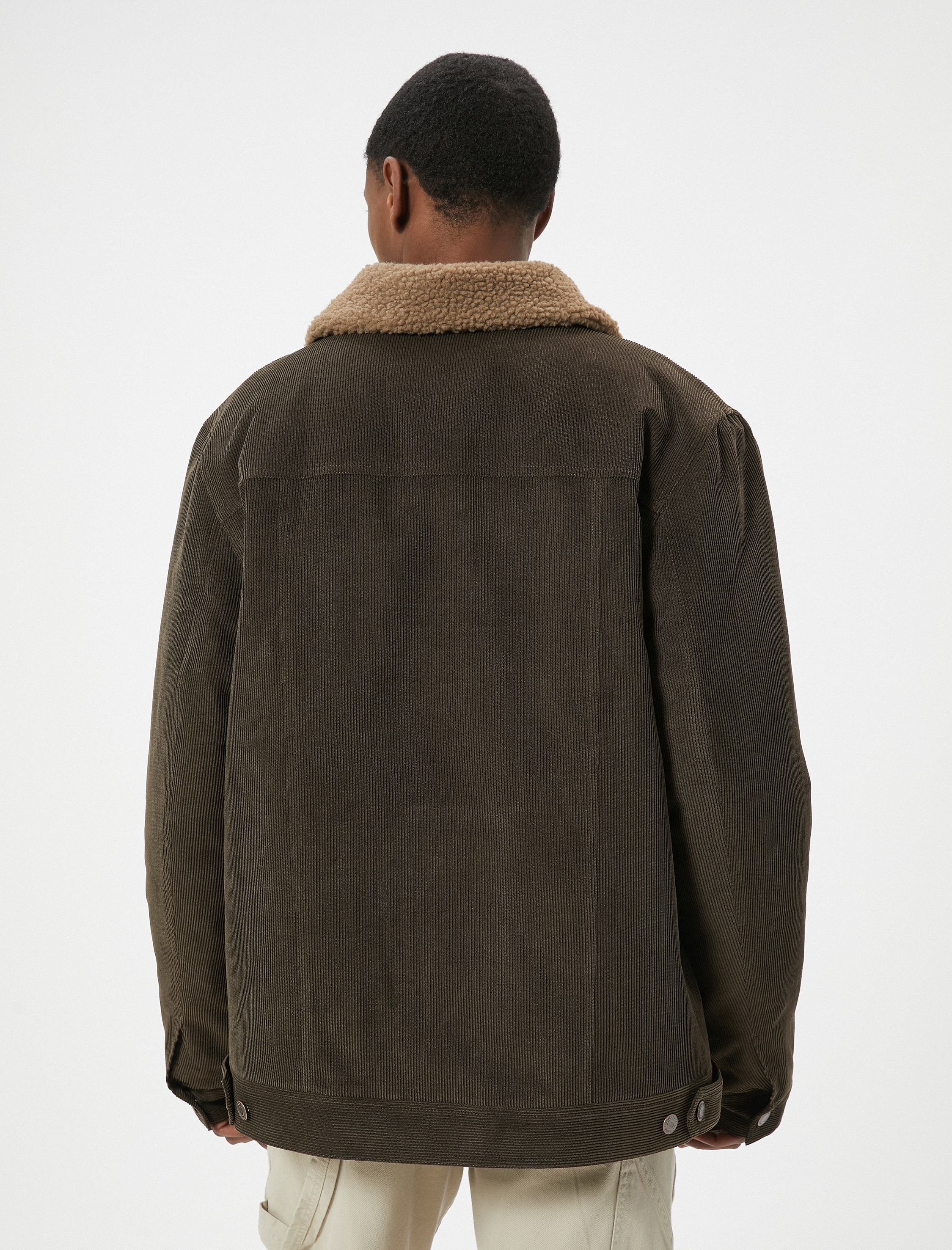   Fitilli Kadife Ceket Peluş Yaka Detaylı Cepli Slim Fit Düğmeli