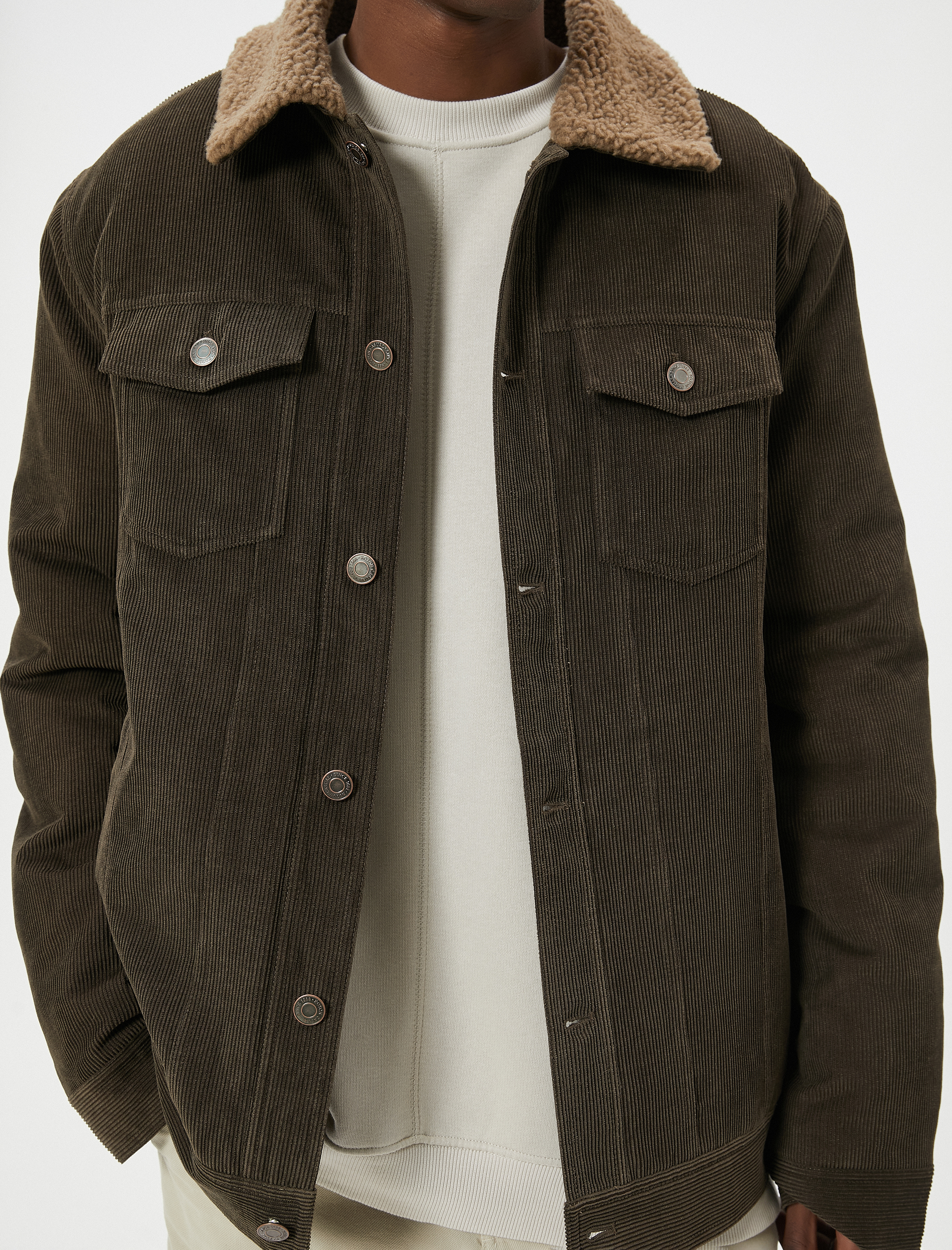   Fitilli Kadife Ceket Peluş Yaka Detaylı Cepli Slim Fit Düğmeli