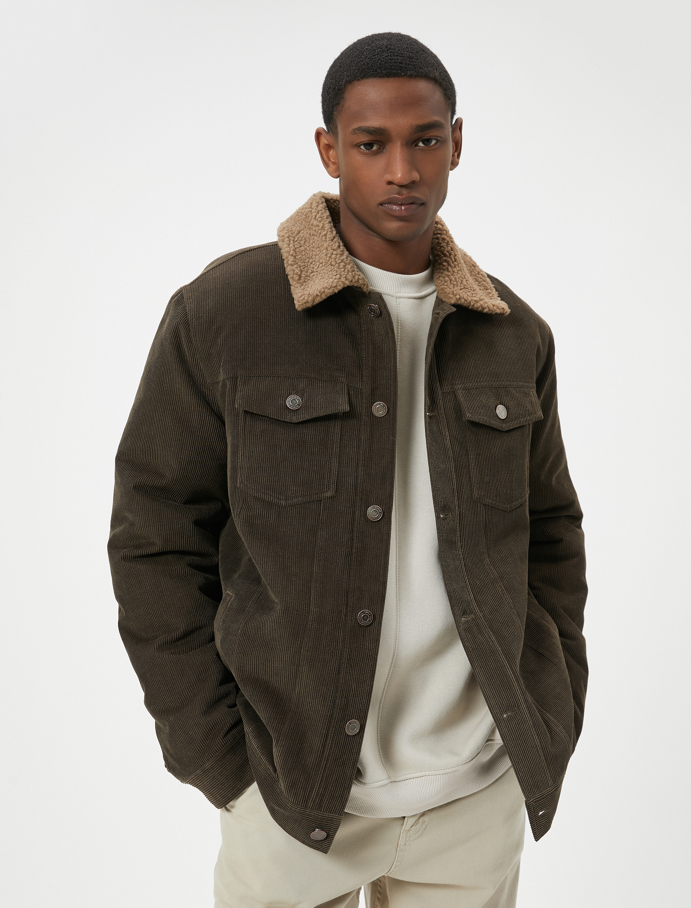   Fitilli Kadife Ceket Peluş Yaka Detaylı Cepli Slim Fit Düğmeli