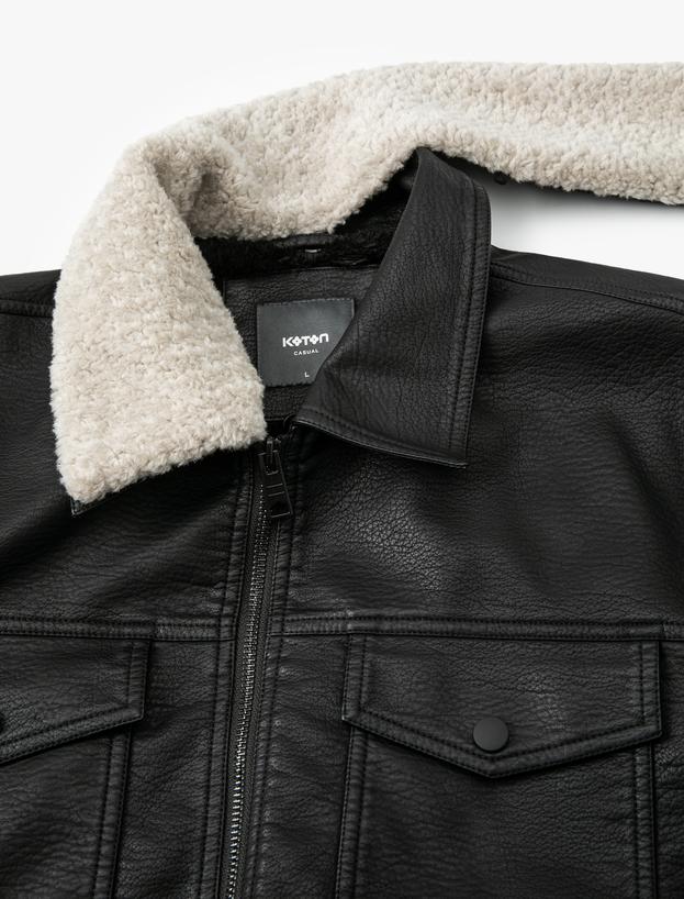Suni Deri Ceket Yakası Kürklü Cepli Fermuarlı Astarlı Slim Fit_5