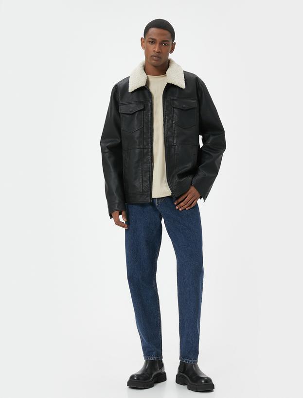 Suni Deri Ceket Yakası Kürklü Cepli Fermuarlı Astarlı Slim Fit_0