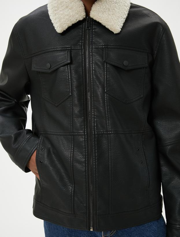 Suni Deri Ceket Yakası Kürklü Cepli Fermuarlı Astarlı Slim Fit_4