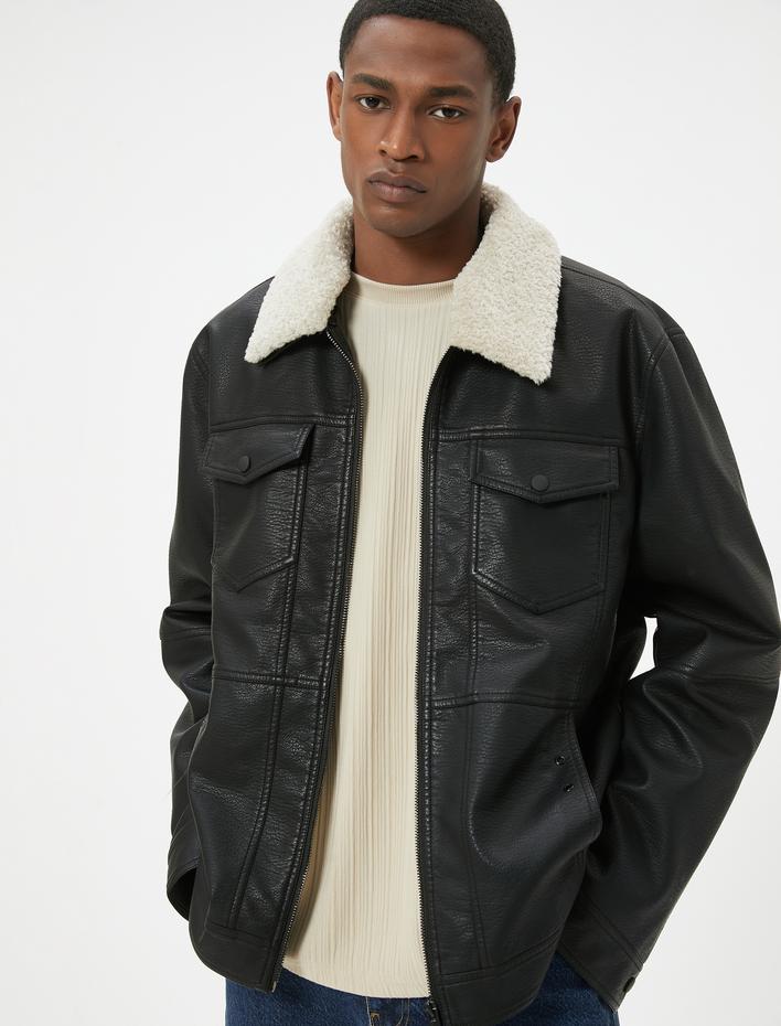  Suni Deri Ceket Yakası Kürklü Cepli Fermuarlı Astarlı Slim Fit