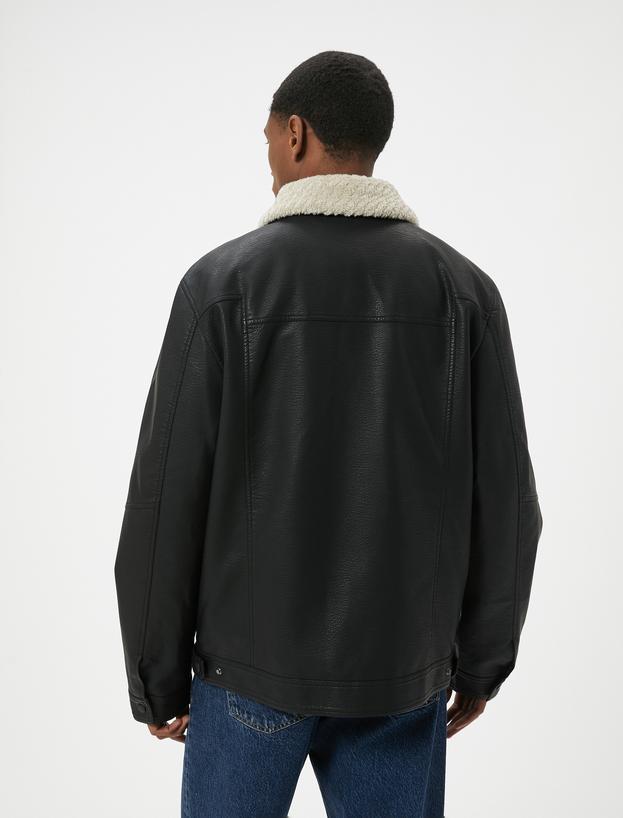 Suni Deri Ceket Yakası Kürklü Cepli Fermuarlı Astarlı Slim Fit_3