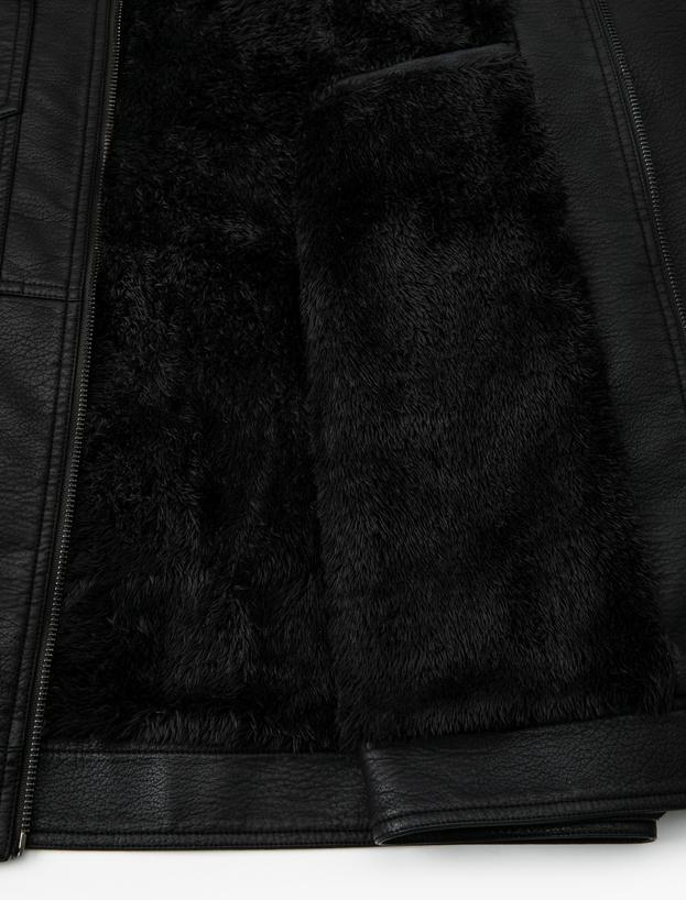 Suni Deri Ceket Yakası Kürklü Cepli Fermuarlı Astarlı Slim Fit_7