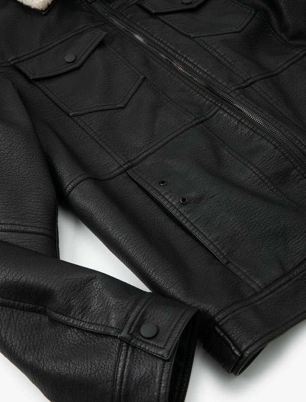 Suni Deri Ceket Yakası Kürklü Cepli Fermuarlı Astarlı Slim Fit_6