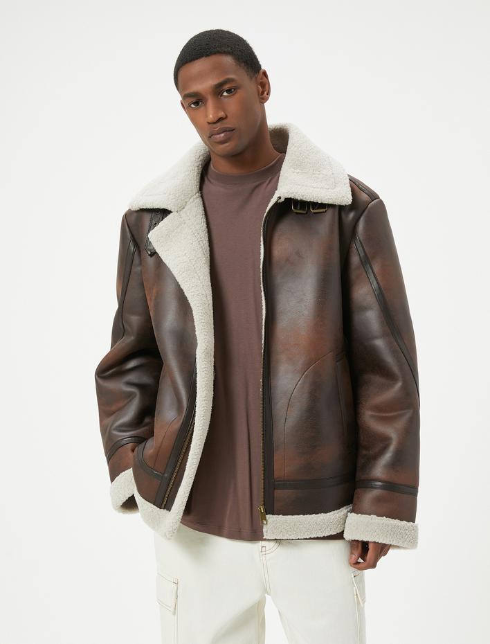  Suni Deri Biker Ceket Eskitilmiş Görünümlü Yakası Kürklü Cepli