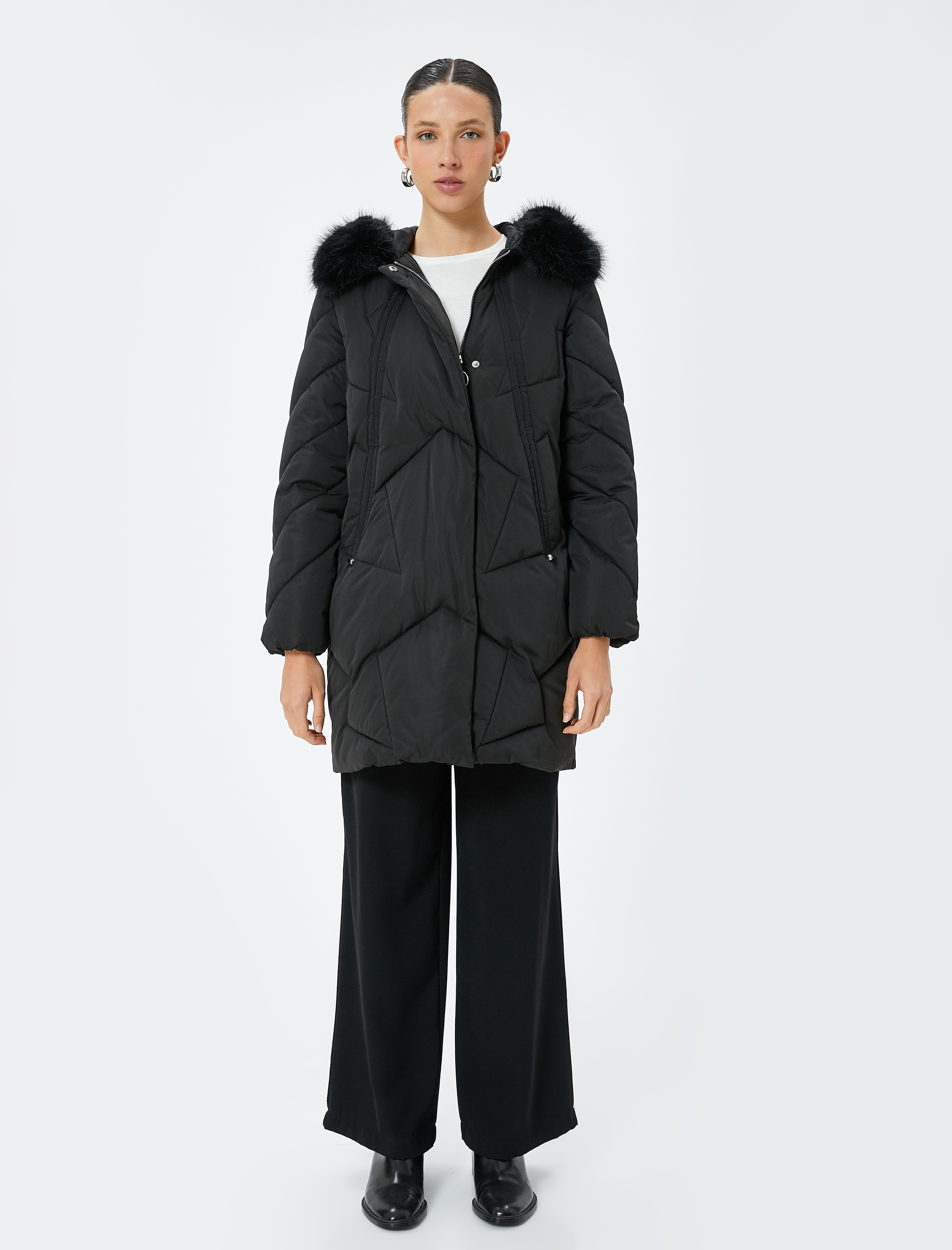   Uzun Kapitone Mont Kapüşonlu Suni Kürk Detaylı Cepli