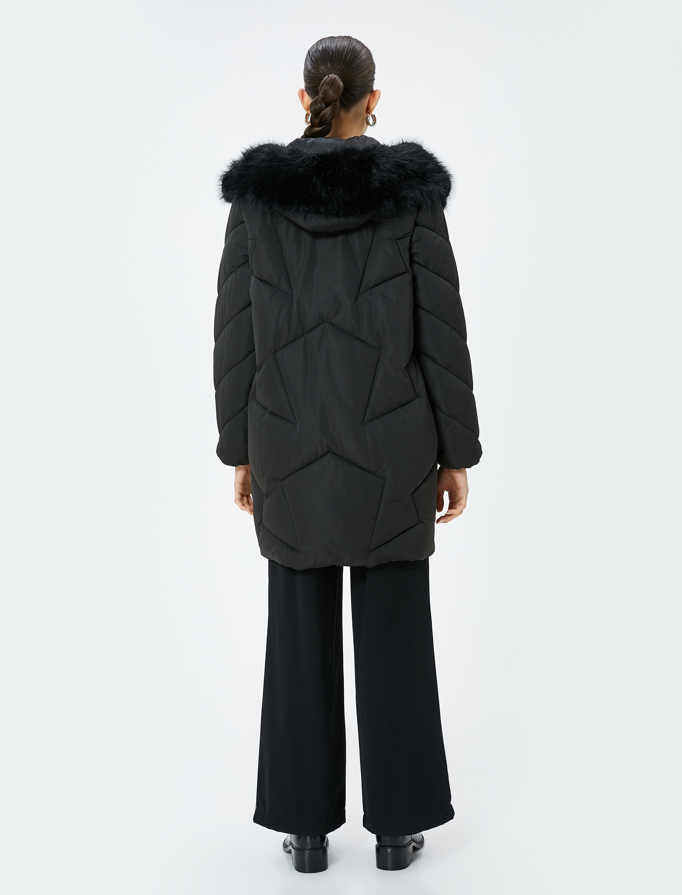   Uzun Kapitone Mont Kapüşonlu Suni Kürk Detaylı Cepli