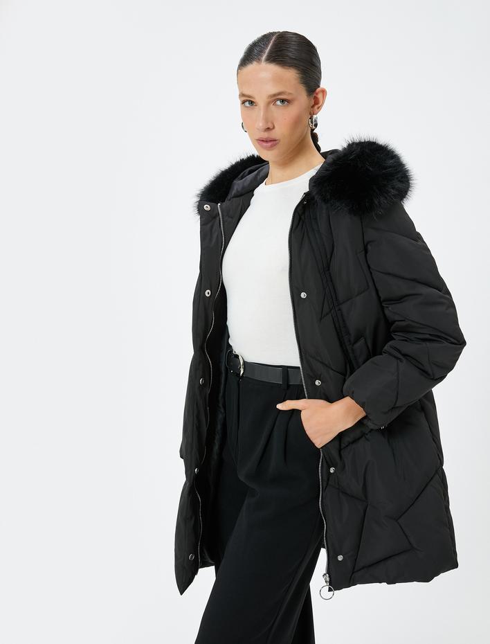  Uzun Kapitone Mont Kapüşonlu Suni Kürk Detaylı Cepli