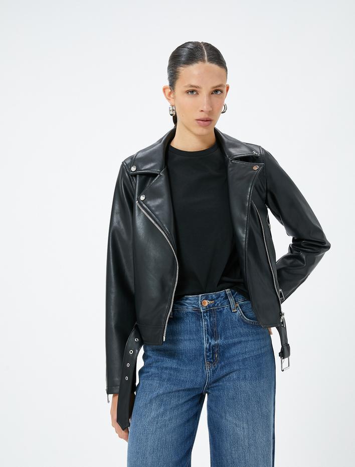  Suni Deri Ceket Fermuarlı Kruvaze Cepli