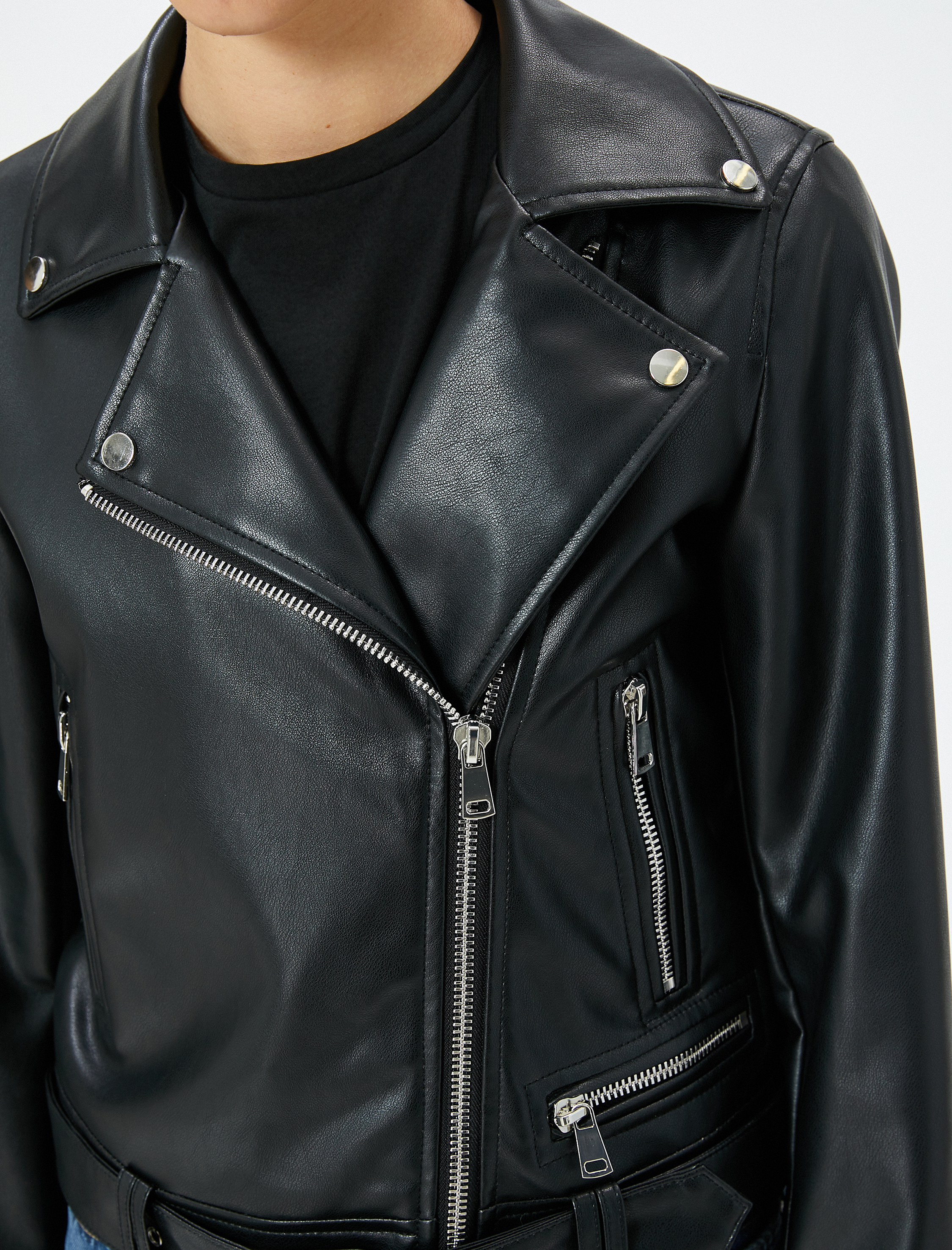   Suni Deri Ceket Fermuarlı Kruvaze Cepli