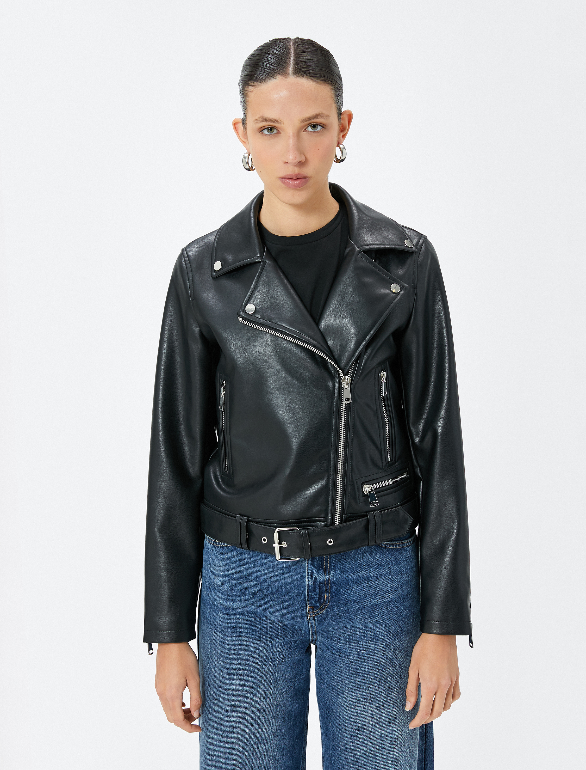   Suni Deri Ceket Fermuarlı Kruvaze Cepli