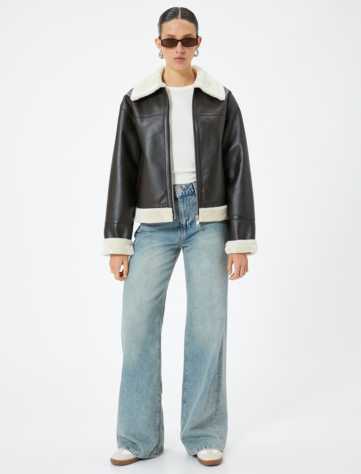  Suni Kürk Yaka Biker Ceket Fermuarlı İçi Peluş