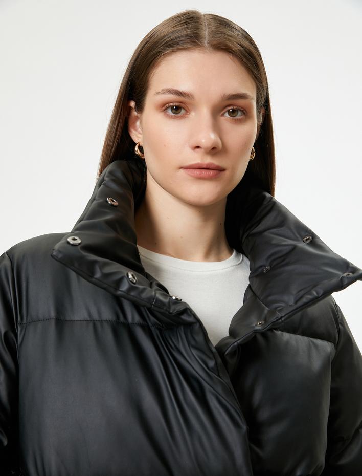  Suni Deri Oversize Şişme Mont Cepli Dik Yaka Fermuarlı