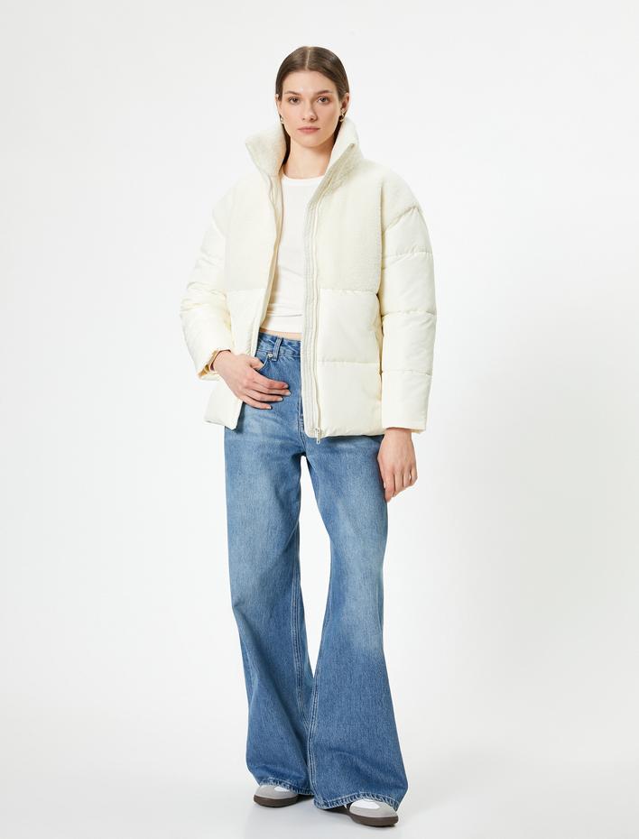  Şişme Mont Peluş Detaylı Dik Yaka Fermuarlı Cepli