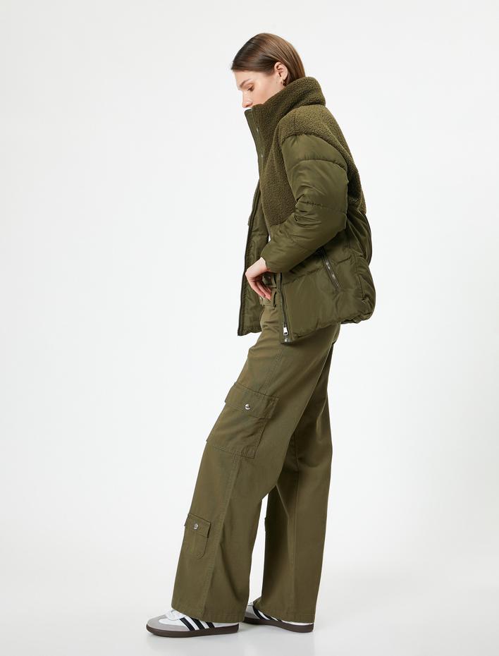  Şişme Mont Peluş Detaylı Dik Yaka Fermuarlı Cepli