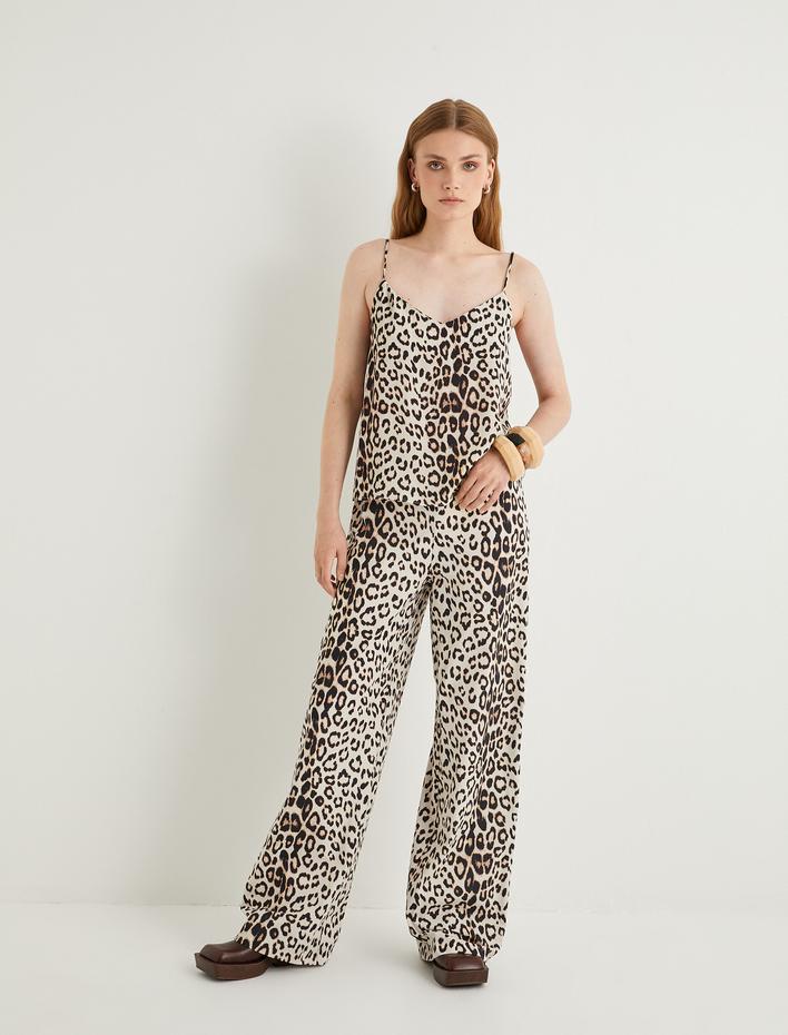  Leopar Desenli Üst İnce Askılı V Yaka Viskoz Kumaş