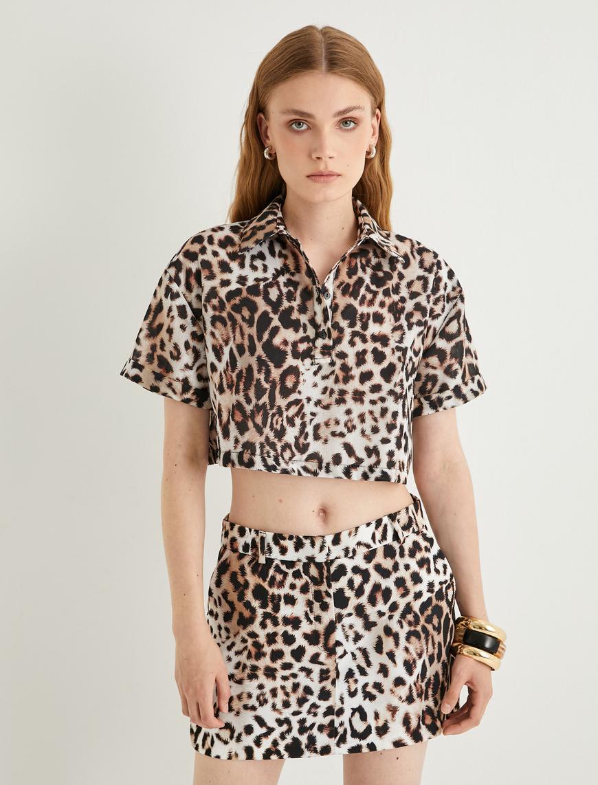   Oversize Leopar Desenli Crop Gömlek Kısa Kollu