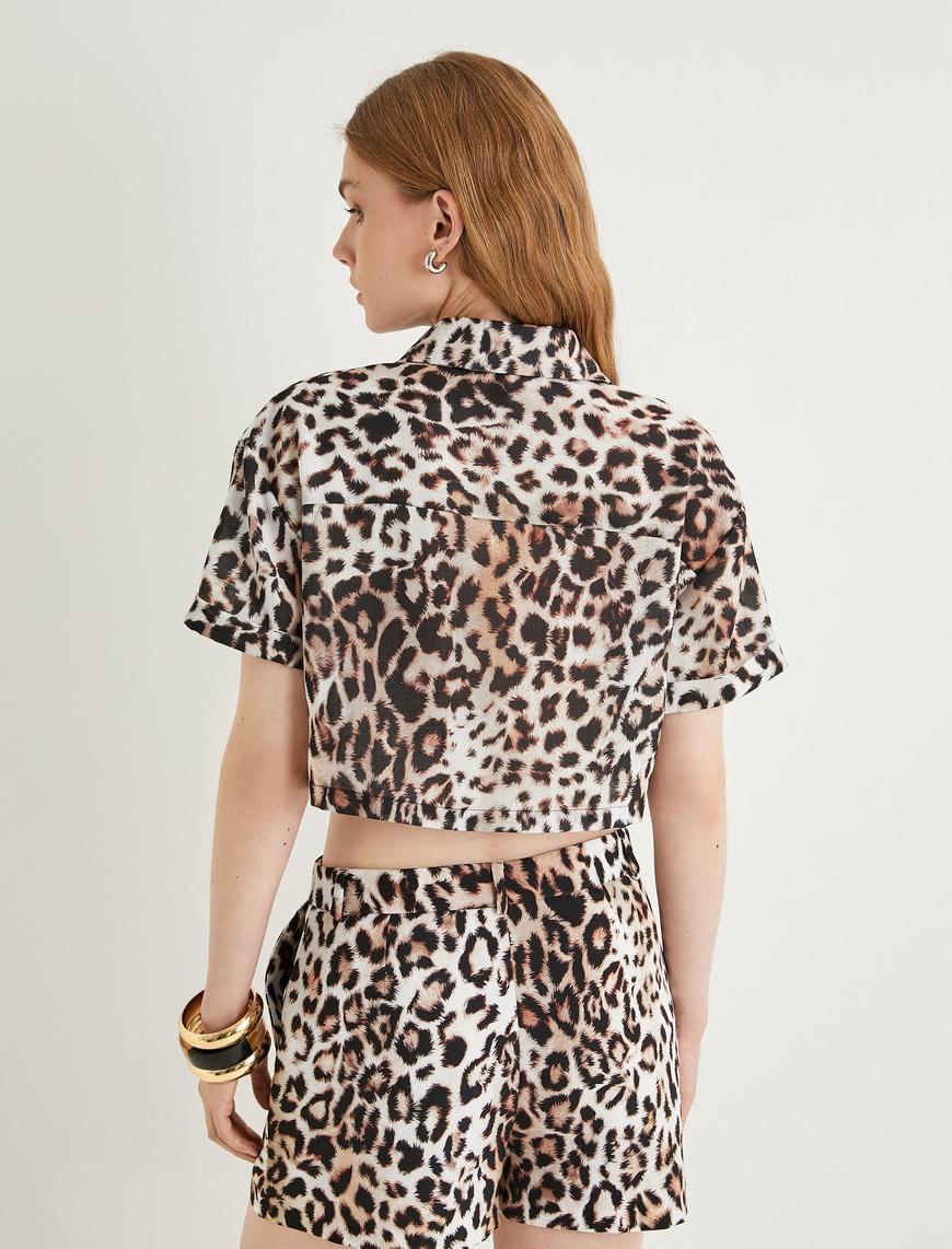   Oversize Leopar Desenli Crop Gömlek Kısa Kollu