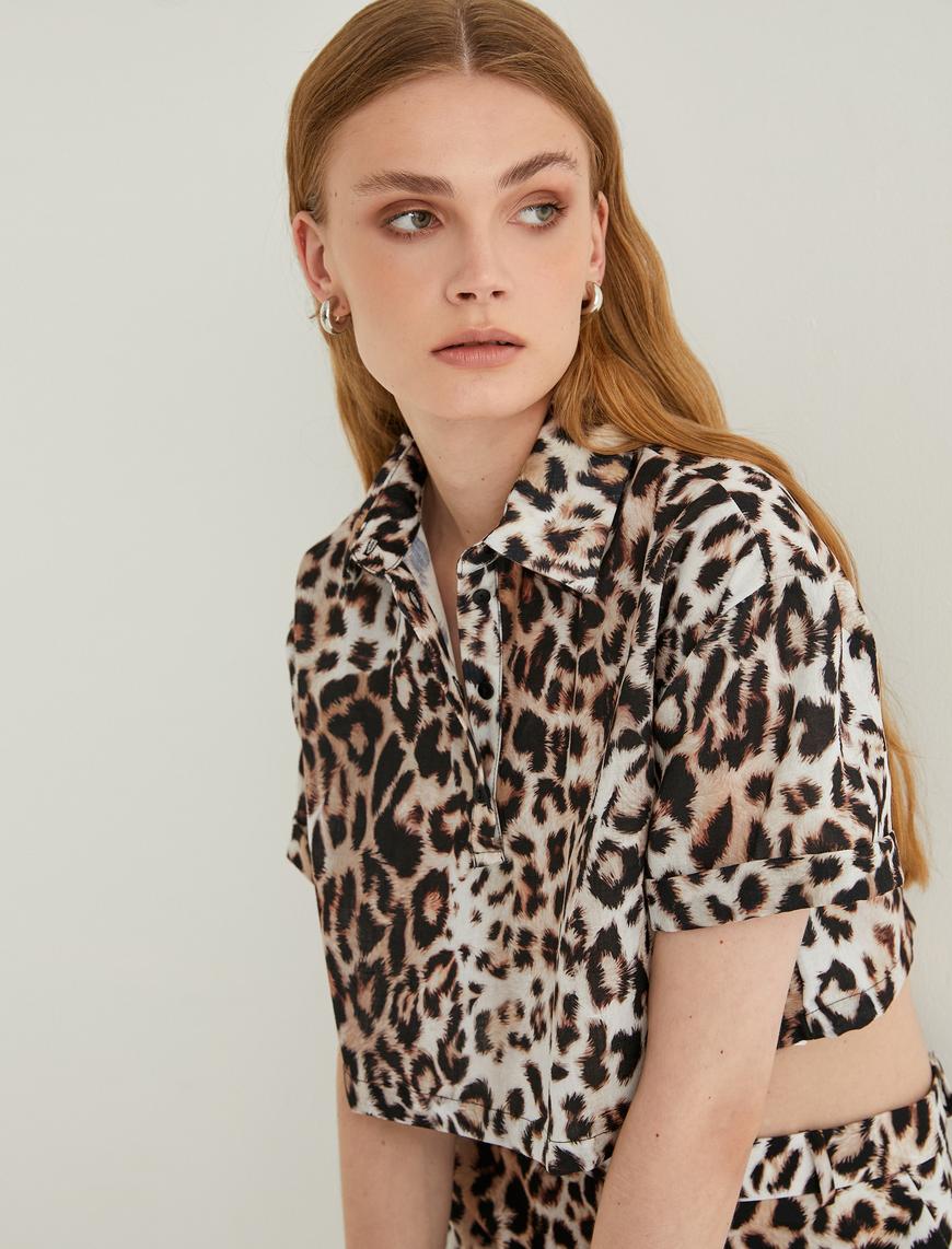   Oversize Leopar Desenli Crop Gömlek Kısa Kollu